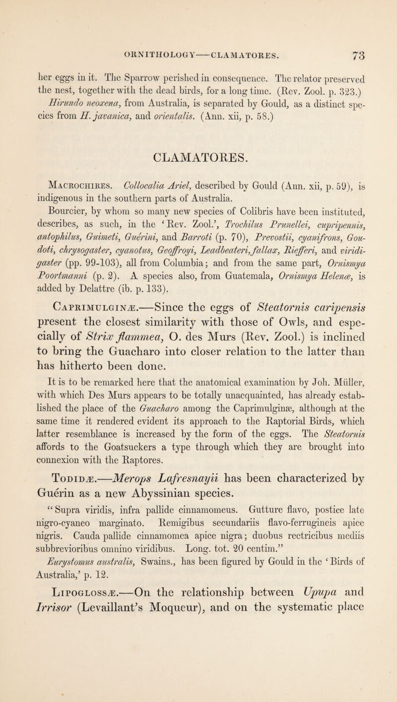 her eggs in it. The Sparrow perished in consequence. The relator preserved the nest, together with the dead birds, fora longtime. (Rev. Zool. p. 323.) Hirundo neoxena, from Australia, is separated by Gould, as a distinct spe¬ cies from H. javanica, and orientalis. (Ann. xii, p. 58.) CLAMATORES. Macrochires. Collocalia Ariel, described by Gould (Ann. xii, p. 59), is indigenous in the southern parts of Australia. Bourcier, by whom so many new species of Colibris have been instituted, describes, as such, in the ‘Rev. Zool.5, Trochilus Prunellei, cupripennis, antophilus, Guimeti, Guerini, and Barroti (p. 70), Prevostii, cyanifrons, Gou- doti, chrysogaster, cyanotus, Geoffroyi, Lecidbeateri,fcdlax, Riefferi, and viridi- gaster (pp. 99-103), all from Columbia; and from the same part, Ornismya Poortmanni (p. 2). A species also, from Guatemala, Ornismya Helenes, is added by Delattre (ib. p. 133). CAPRiMULGiNiE.—Since tlie eggs of Steatornis caripensis present the closest similarity with those of Owls, and espe¬ cially of Strix flamme a, O. des Murs (Rev. Zool.) is inclined to bring the Guacharo into closer relation to the latter than has hitherto been done. It is to be remarked here that the anatomical examination by Joh. Müller, with which Des Murs appears to be totally unacquainted, has already estab¬ lished the place of the Guacharo among the Caprimulginse, although at the same time it rendered evident its approach to the Raptorial Birds, which latter resemblance is increased by the form of the eggs. The Steatornis affords to the Goatsuckers a type through which they are brought into connexion with the Raptores. Toning.—Merops Lafresnayii has been characterized by Guerin as a new Abyssinian species. “ Supra viridis, infra pallide cinnamomeus. Gutture flavo, postice late nigro-cyaneo marginato. Remigibus secundariis flavo-ferrugineis apice nigris. Cauda pallide cinnamomea apice nigra; duobus rectricibus mediis subbrevioribus omnino viridibus. Long. tot. 20 centim.55 Purystomus australis, Swains., has been figured by Gould in the ‘Birds of Australia,5 p. 12. LiroGLossiE.-—On the relationship between Upupa and Irrisor (LevaillanCs Moqueur), and on the systematic place