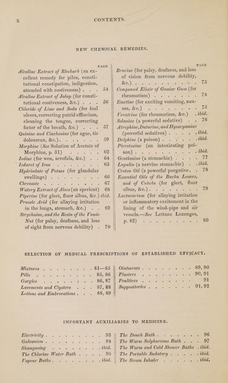 Alcaline Extract of Rhubarb (an ex- cellent remedy for piles, consti- tutional constipation, indigestion, attended with costiveness). . . 04 Alcaline Extract of Jalap (for consti- tutional costiveness, &amp;e.) . . 56 Chloride of Lime and Soda (for foul ulcers, correcting putrid effluvium, cleaning the tongue, correcting foetor of the breath, &amp;c.) . . . 47 Quinine and Cinchonine (for ague, tic doloureux, &amp;c.). . . 59 Morphine (See Solution of ‘Meow of Morplime,p. 31)° 2 ~ . *.. “62 Iodine (for wen, scrofula, &amp;c.) . . 64  Ioduret of Iron. . 65 Hydriodate of Potass (for glandular swellings)“. ~.. 9.) 7. : 66 Chreosote . . : 67 Watery Extract ye Rives tale Speke) 68 Piperine (for gleet, fluor albus, &amp;c.) ibid. Prussic Acid (for allaying irritation in the lungs, stomach, &amp;c.) . . 69 Strychnine, and the Resin of the Vomic Nut (for palsy, deafness, and loss of sight from nervous debility) . 70 of vision from nervous debility, PAGE &amp;c.) 73 Compound Elixir - Gude Gam (o rheumatism) . oN ae Emetine (for exciting vomiting, nau- Seas uC.) :' sy cs 5: ss Oe 75 Veratrine (for diodes &amp;e.) . ibid. Solanine (a powerful sedative) . . 76 Atrophine, Daturine, and Hyoscyamine (powerful sedatives). . . « . tbid. Delphine (a poison) . . ibid. Picrotoxine (an intoxicating poi- son) . ‘ . ibid. Gentianine (a tomahie) mpl /e Lupulin (a nervine stomachic) . ibid. Croton Oil (a powerful purgative. 78 Essential Oils of the Buchu Leaves, and of Cubebs (for ee fluor albus, &amp;c.). peer Lactucarium (for singed sruen or inflammatory excitement in the lining of the wind-pipe and air vessels.— See Lettuce Lozenges, p. 42) 80 Mixtures 4. -v i pe &amp; 1 B1=—S5 Eilisteg Los oS) ee ees Gargles 9. WE SI le BG ree Lavements and Clysters . . . 87, 88 Lotions and Embrocations. . . 88, 89 PE CCURICION ss. oo) Mh. ss ce eos EO OUMUSIO ss 6s 6) ns ve 1 | OE Shampooing . «+ sins funn UG The Chlorine Water Bath ys EA ee 5 Vapour Baths. &gt; . s ».,+ is .tbid. Poultices Ms en on Suppositories. . . ..+ + « 91,92 The Douch Bath. . ‘ 96 The Warm Sulphureous er ; oy The Warm and Cold Shower Baths . ibid. The Portable Sudatory . . ibid. The Steanyannalera oe ae mee