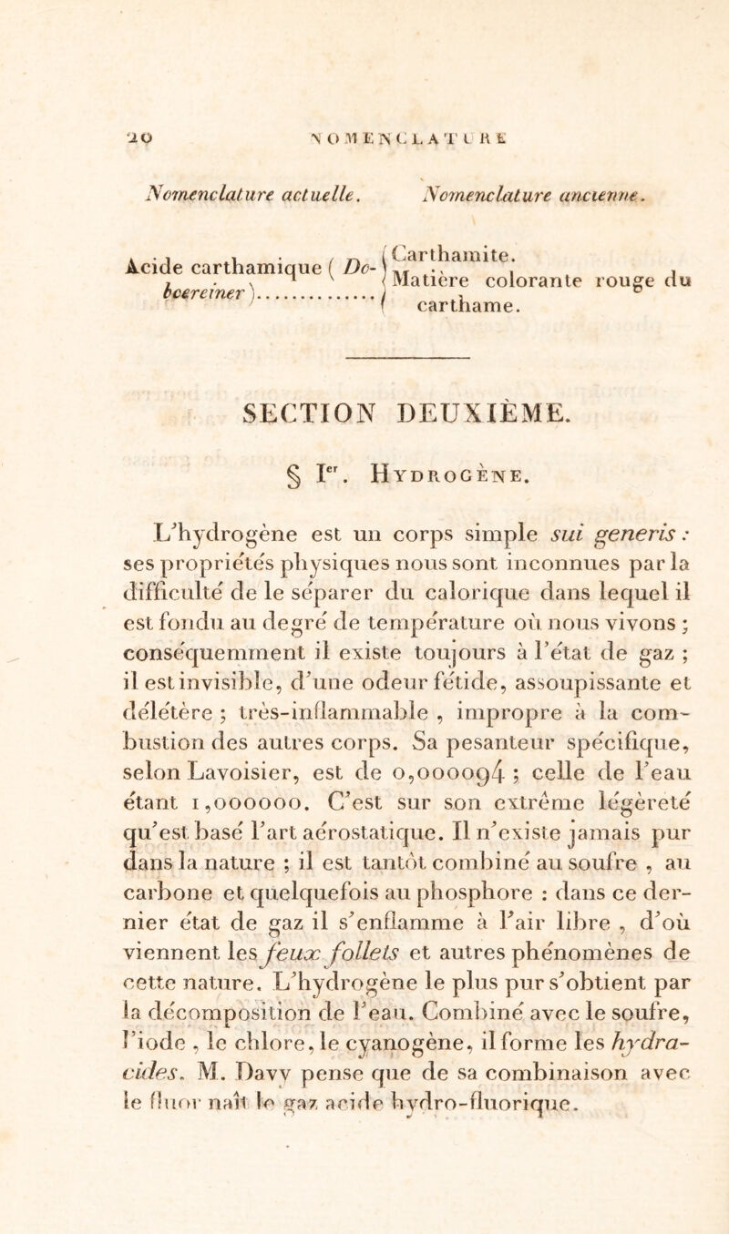 Nomenclature actuelle. Nomenclature ancienne. Carthamite. Matière colorante rouge du carthame. SECTION DEUXIÈME. § Ier. Hydrogène. L’hydrogène est un corps simple sui generis : ses propriétés physiques nous sont inconnues par la difficulté de le séparer du calorique dans lequel il est fondu au degré de température où nous vivons ; conséquemment il existe toujours à l’état de gaz ; il estinvisible, d’une odeur fétide, assoupissante et délétère ; très-inflammable , impropre à la com- bustion des autres corps. Sa pesanteur spécifique, selon Lavoisier, est de 0,000094 ; celle de l’eau étant 1,000000. C’est sur son extrême légèreté qu’est basé l’art aérostatique. Il n’existe jamais pur dans la nature ; il est tantôt combiné au soufre , au carbone et quelquefois au phosphore : dans ce der- nier état de gaz il s’enflamme à l’air libre , d’où viennent les feux follets et autres phénomènes de cette nature. L’hydrogène le plus pur s’obtient par la décomposition de l’eau. Combiné avec le soufre, î’iode , le chlore, le cyanogène, il forme les hrdra- cides. M. Davv pense que de sa combinaison avec [e fluor naît le gaz acide hvdro-fluorique. Acide carthamique ( Do- bcereiner )