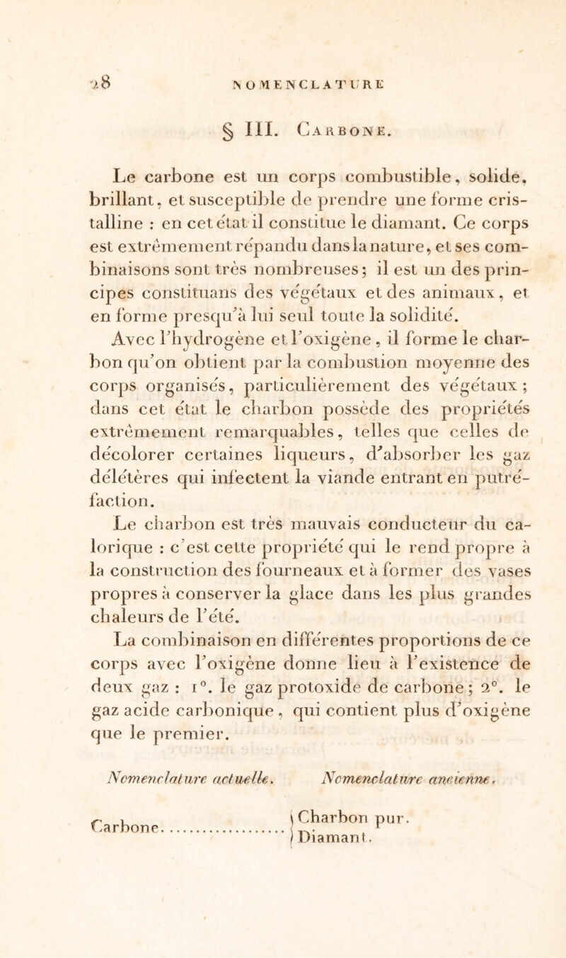 § III. Carbone. Le carbone est un corps combustible, solide, brillant, et susceptible de prendre une forme cris- talline : en cet état il constitue le diamant. Ce corps est extrêmement répandu dans la nature, et ses com- binaisons sont très nombreuses ; il est un des prin- cipes constituans des végétaux et des animaux, et en forme presqu'à lui seul toute la solidité. Avec l'hydrogène etl'oxigène , il forme le char- bon qu'on obtient par la combustion moyenne des corps organisés, particulièrement des végétaux; dans cet état le charbon possède des propriétés extrêmement remarquables, telles que celles de décolorer certaines liqueurs, d'absorber les gaz délétères qui infectent la viande entrant en putré- faction. Le charbon est très mauvais conducteur du ca- lorique : c est cette propriété qui le rend propre à la construction des fourneaux et à former des vases propres à conserver la glace dans les plus grandes chaleurs de l'été. La combinaison en différentes proportions de ce corps avec l'oxigène donne lieu à l'existence de deux gaz : i°. le gaz protoxidé de carbone; 2°. le gaz acide carbonique, qui contient plus d'oxigène que le premier. Nomenclature actuelle. Nomenclature anciennet Carbone Charbon pur. Diamant.