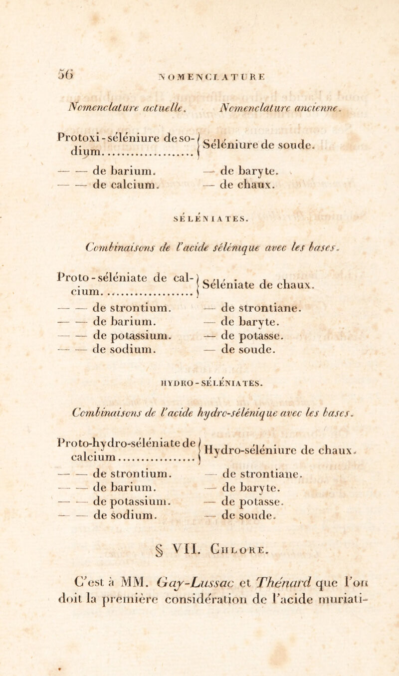 Nomenclature actuelle„ Nomenclativre ancienne. Protoxi -séléniure de so- dium Séléniure de soude. de barium. —- de baryte. de calcium. — de chaux. t t SELENIATES. Combinaisons de l’acide sélémcjue avec les bases. Proto - séléniate de cal- cium. .. de strontium. de barium. de potassium. de sodium. J Séléniate de chaux. — de strontiane. de baryte. — de potasse. — de soude. HYDKO- SELENIATES. Combinaisons de Vacide hydrc-sélénique avec les bases. Proto-hydro-selematede ITI . M . , , . J Hydro-seleniure de chaux, calcium \ J de strontium. — — de barium. — — de potassium. de sodium. de strontiane. — de baryte. — de potasse. — de soude. § VIL Chlore. C'est à MM. Gaj-Lussac et Thénard que Pou doit la première considération de l'acide niuriati-