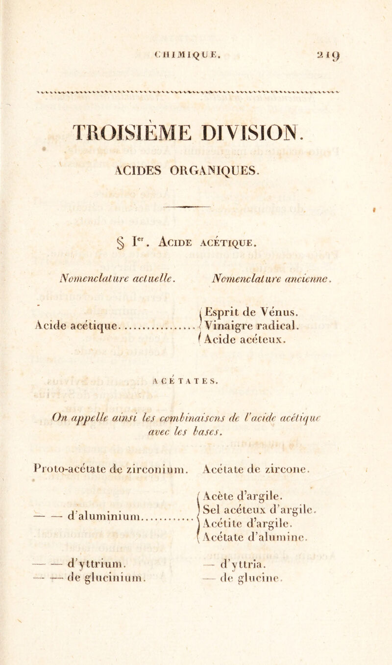 % %, Vv v V W*.%-V% V %-v v v X-V'VV'^X'X. Xz-X/V^VX/X-x.. VX'X VVVV%1'V%1W% VVVV\ VVX'N TROISIÈME DIVISION. ACIDES ORGANIQUES- ' - * § Ier. Acide acétique. Nomenclature actuelle. Nomenclature ancienne. Acide acétique ^ Esprit de Vénus. 1 Acide acéteux. A C É T A T E S. On appelle ainsi les combinaisons de Vacide acétiq avec les bases. Proto-acétate de zirconium. Acétate de zircone. * d aluminium. / Acète d’argile. ) Sel acéteux d’argile, jAcétite d’argile. (Acétate d’alumine. d’yttrium. — d’yttria. J - de glucinium, — de glucine.