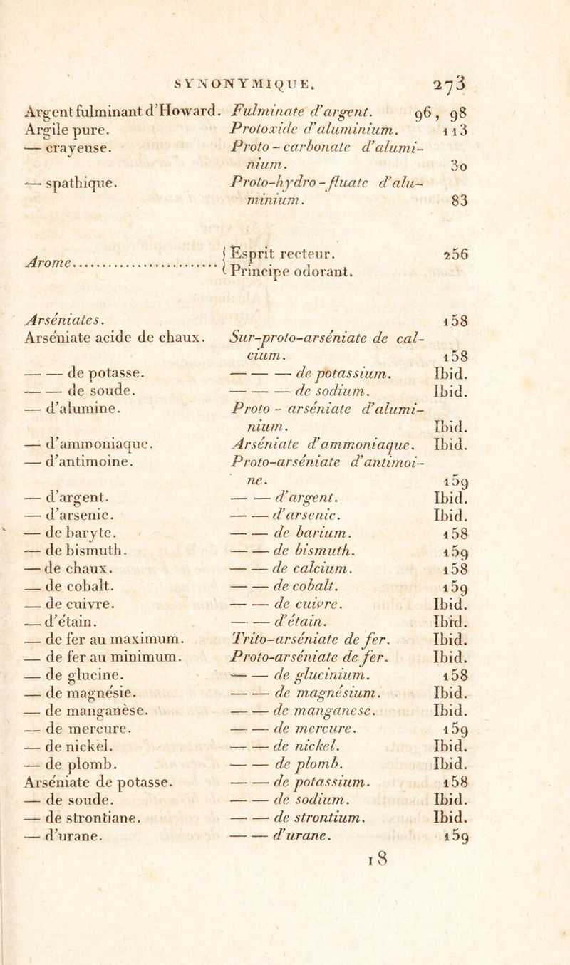 Argent fulminant d Howard . Fulminate F argent. o6 , 98 Argile pure. Protoxide d7aluminium. n 3 — crayeuse. Proto - carbonate d’alumi- muni. 3o -— spathique. Prolo-hydro - fluate dé alu- minium. 83 À mm p f Esprit recteur. 266 ( Principe odorant. Arséniates. i58 Arseniate acide de chaux. Sur-prot o-arséniatc de cal- cium. i58 de potasse. -de potassium. Ibid. de soude. de sodium. Ibid. — d’alumine. Proto - arseniate d’alumi- nium. Ibid. — d’ammoniaque. Arseniate d’ammoniaque. Ibid. — d’antimoine. Proto-arséniate d’antimoi- ne. 169 — d’argent. — — d’argent. Ibid. — d’arsenic. d’arsenic. Ibid. — de baryte. de barium . i58 -— de bismuth. de bismuth. i5c) — de chaux. de calcium. i58 — de cobalt. de cobalt. l59 —- de cuivre. de cuivre. Ibid. — d’etain. — — d’étain. Ibid. — de fer au maximum. Trito-arséniate de fer. Ibid. — de fer au minimum. Proto-arséniate de fer. Ibid. — de glucine. de glucinium. i58 — de magne'sie. de magnésium. Ibid. — de manganèse. de manganèse. Ibid. — de mercure. de mercure. i5q — de nickel. de nickel. Ibid. — de plomb. de plomb. Ibid. Arseniate de potasse. de potassium. i58 — de soude. de sodium. Ibid. — de strontiane. de strontium. Ibid. — d’urane. d’urane. 4 5q I O