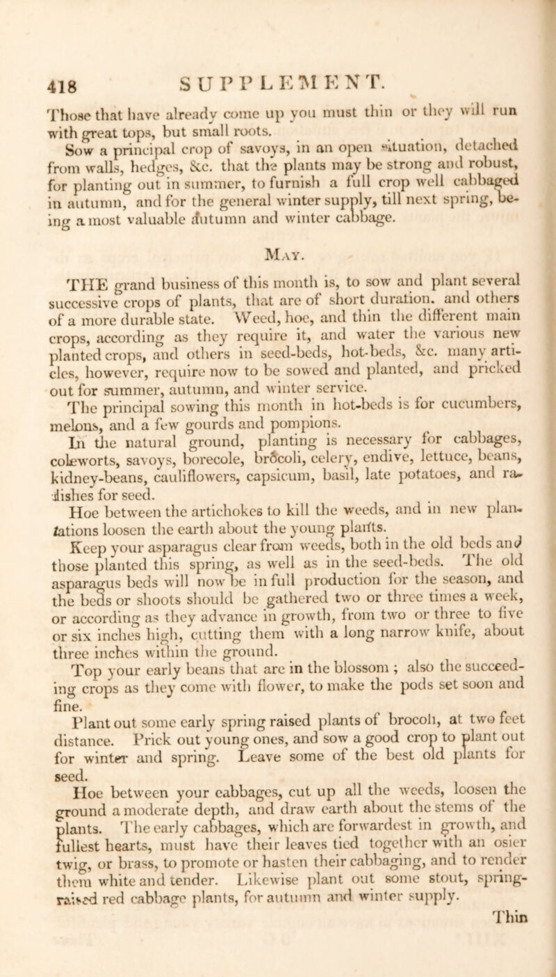 Those that have already come up you must thin or they will run with great tops, but small roots. Sow a principal crop of savoys, in an open rituation, detached from walls, hedges, &c. that the plants may be strong and robust, for planting out in summer, to furnish a full crop well cabbaged in autumn, and for the general winter supply, till next spring, be- ing a most valuable dutumn and winter cabbage. May. THE grand business of this month is, to sow and plant several successive crops of plants, that are of short duration, anti others of a more durable state. Weed, hoe, and thin the different mam crops, according as they recpure it, and water the \aiious new planted crops, and others in seed-beds, hot-beds, &c. many arti- cles, however, require now to be sowed and planted, and pricked out for summer, autumn, and winter service. The principal sowung this month m hot-beds is for cucumbers, melons, and a few gourds and pompions. In the natural ground, planting is necessary for cabbages, colew'orts, savoys, borecole, br6coh, celery, endive, lettuce, beans, kidney-beans, cauliflowers, capsicum, basil, late potatoes, and ra~ iishes for seed. Hoe betw'een the artichokes to kill the weeds, and m new plan-. Nations loosen the earth about the young plartts. Keep your asparagus clear from w'eecis, both in the old beds and those planted this spring, as well as in the seed-beds. 1 lie old asparagus beds will now be in full production lor the season, and the beSs or shoots should be gathered two or three times a week, or according as they advance in growth, from two or three to five or six inches high, cutting them with a long narrow' knife, about three inches within the ground. Top your early beans that are in the blossom ; also the succeed- ing crops as they come with flower, to make the pods set soon and fine. Plant out some early spring raised plants of brocoli, at two feet distance. Prick out young ones, and sow a good crop to plant out for winter and spring. Leave some of the best old plants lor seed. Hoe between your cabbages, cut up all the weeds, loosen the ground a moderate depth, and draw earth about the stems of the plants. T he early cabbages, which are forwardest in growth, and fullest hearts, must have their leaves tied together with an osier twig, or brass, to promote or hasten their cabbaging, and to render them white and tender. Likewise plant out some stout, spring- raised red cabbage plants, for autumn and winter supply. Thin