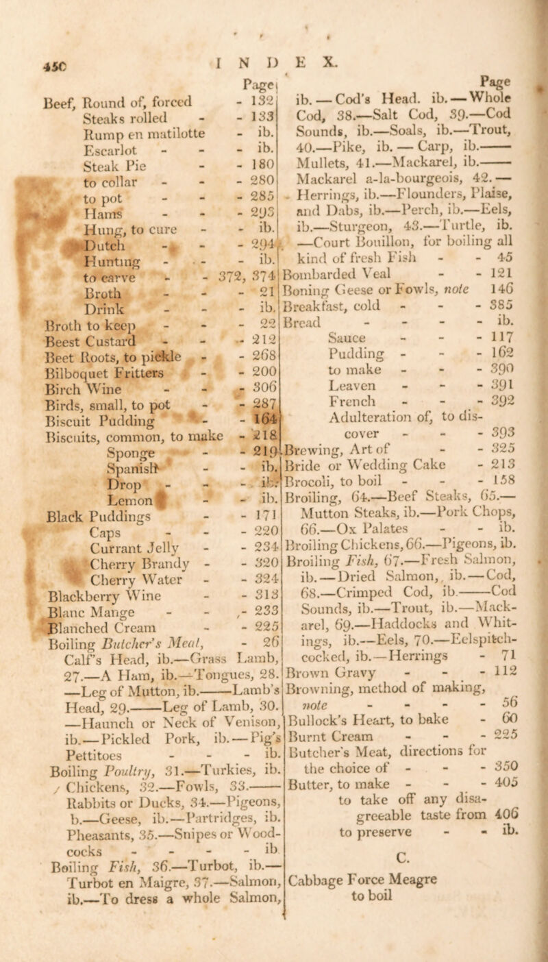 45C Page Beef, Round of, forced - 132 Steaks rolled - - 133 Rump en matilotte - ib. Escar lot - - ib. Steak Pie - •m 180 to collar m, - 280 T . to pot - - 285 Hams’ - - 293 Hung, to cure - - ib. | Dutch -» - - 294 f Hunting - - ib. * to carve - 3 72, 374 Broth - - 21 Drink - - ib. Broth to keep - - 00 Beest Custard - - — 212 Beet Roots, to pickle - - 268 Bilboquet Fritters - - 200 Birch Wine - - 306 Birds, small, to pot a* - 287 Biscuit Pudding - 164 Biscuits, common, to make - 218 Page ib. — Cod’s Head. ib. — Whole Cod, 38.—Salt Cod, St).—Cod Sounds, ib.—Soals, ib.—Trout, 40.—Pike, ib. — Carp, ib. Mullets, 41.—Mackarel, ib. Mackarel a-la-bourgeois, 42.— Herrings, ib.—Flounders, Plaise, and Dabs, ib.—Perch, ib.—Eels, ib.—Sturgeon, 43.—Turtle, ib. —Court Bouillon, for boiling all kind of fresh Fish r> ib. ib; ib. 171 220 234 320 324 313 233 Sponge Spanish Drop Lemon ( Black Puddings Caps Currant Jelly |L * Cherry Brandy - ^ Cherry Water Blackberry Wine Blanc Mange Blanched Cream - - 225 Boiling Butcher s Men/, - 25 Calf’s Head, ib.—Grass Lamb, 27.—A Ham, ib.—Tongues, 28. —Leg of Mutton, ib. Lamb’s Head, 29. Leg of Lamb, 30. Neck of Venison, Pork, ib. — Pig's - ib. 31.—Turkies, ib. 33. Bread Sauce - - - Pudding - to make - Leaven - French - Adulteration of, to dis- cover - 45 121 146 385 ib. 117 162 390 391 392 —Haunch or ib.—Pickled Pettitoes Boiling Poultry, / Chickens, 32.—Fowls, Rabbits or Ducks, 34.—Pigeons, b.—Geese, ib.—Partridges, ib. Pheasants, 35.—Snipes or Wood- cocks - - - - ib Boiling Fish, 36.— I urbot, ib.— Turbot en Maigre, 37-—Salmon, ib.—To dress a whole Salmon, 393 Brewing, Art of - - 325 Bride or Wedding Cake - 213 Brocoli, to boil - - - 158 Broiling, 64.—Beef Steaks, 65.— Mutton Steaks, ib.—Pork Chops, 66.—Ox Palates - - ib. Broiling Chickens, 66.—Pigeons, ib. Broiling Fish, 67*—Fresh Salmon, ib. — Dried Salmon,, ib. — Cod, 68.—Crimped Cod, ib. Cod Sounds, ib.—Trout, ib.—Mack- arel, 69.—Haddocks and Whit- ings, ib.—Eels, 70-—Eelspifcch- cocked, ib. —Herrings Brown Gravy - Browning, method of making, note - - - - Bullock’s Heart, to bake Burnt Cream Butcher’s Meat, directions for the choice of - Butter, to make - - - to take off any disa- greeable taste from 406 to preserve - - ih. Cabbage Force Meagre to boil 71 112 56 60 225 350 405