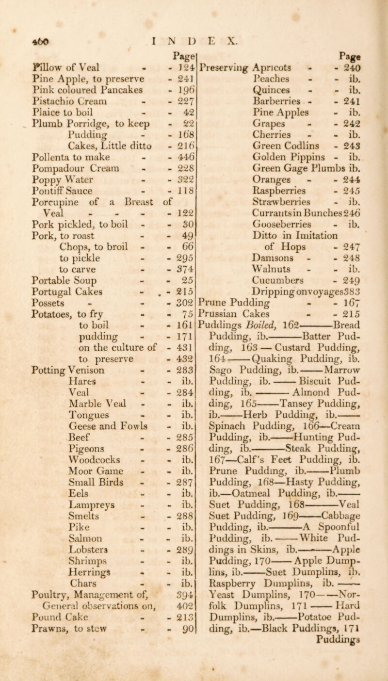 Page Pillow' of Veal m 124 Pine Apple, to preserve Pink coloured Pancakes - 241 196 Pistachio Cream - 227 Plaice to boil - 42 Plumb Porridge, to keep m 22 Pudding - 16'8 Cakes, Little ditto - 216' Pollenta to make - 446 Pompadour Cream - 228 Poppy Water - 322 Pontiff Sauce - 118 Porcupine of a Breast of Veal - - 122 Pork pickled, to boil - 50 Pork, to roast - 49 Chops, to broil - 66 to pickle mm 895 to carve - 374 Portable Soup m 25 Portugal Cakes - 215 Possets - 302 Potatoes, to fry 75 to boil m 161 pudding 171 on the culture of - 431 to preserve - 432 Potting Venison - 283 Hares mm ib. Veal mm 284 Marble Veal - ib. Tongues - ib. Geese and Fowls •• ib. Beef - 285 Pigeons - 286 Woodcocks mm ib. Moor Game mm ib. Small Birds - 287 Eels m ib. Lampreys - ib. Smelts - 288 Pike • ib. Salmon ■■ ib. Lobsters mm 289 Shrimps - ib. Herrings - ib. Chars - ib. Poultry, Management of, 394 General observations on, 402 Pound Cake - 213 Prawns, to stew - 90 Page - 240 - ib. - ib. - 241 - ib. - 242 - ib. - 24S Golden Pippins - ib. Green Gage Plumbs ib. Oranges - - 244 Raspberries - 245 Strawberries - ib. Currants in Bunches 246 Gooseberries - ib. Ditto in Imitation of Hops - 247 Damsons - - 248 Walnuts - - ib. Cucumbers - 249 Dripping onvoyages388 Prune Pudding - - lGT Prussian Cakes - - 215 Puddings Boiled, 162 Bread Pudding, ib. Batter Pud- ding, 163— Custard Pudding, 164 Quaking Pudding, ib. Sago Pudding, ib. Marrow Pudding, ib. Biscuit Pud- ding, ib. Almond Pud- ding, 165 Tansey Pudding, ib. Herb Pudding, ib. Spinach Pudding, 166—Cream Pudding, ib. Hunting Pud- ding, ib. Steak Pudding, 167—Calf’s Feet Pudding, ib. Prune Pudding, ib. Plumb Pudding, 168—Hasty Pudding, ib.—Oatmeal Pudding, ib. Suet Pudding, 16*8 Veal Suet Pudding, 169 Cabbage Pudding, ib. A Spoonful Pudding, ib. White Pud- dings in Skins, ib.— Apple Pudding, 170 Apple Dump- lins, ib. Suet Dumpling, ib. Raspberry Dumplins, ib. Yeast Dumplins, 170 Nor- folk Dumplins, 171 Hard Dumplins, ib. Potatoe Pud- ding, ib.—Black Puddings, 171 Puddings Preserving Apricots Peaches Quinces Barberries - Pine Apples Grapes Cherries Green Codlins