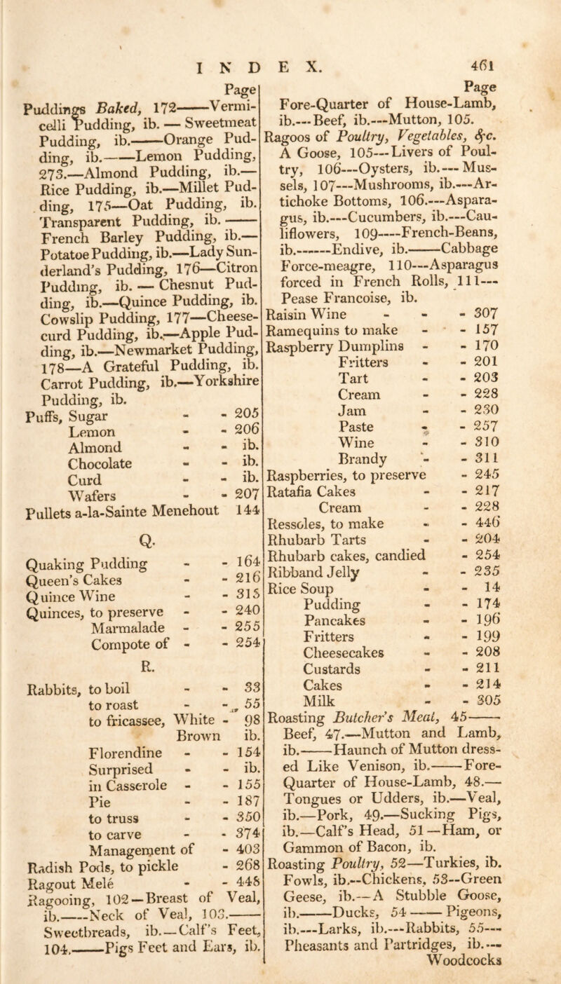 Page Puddings Baked, 172——Vermi- celli Pudding, ib, — Sweetmeat Pudding, ib. Orange Pud- ding, ib. Lemon Pudding, 273.—Almond Pudding, ib.— Rice Pudding, ib.—Millet Pud- ding, 175—Oat Pudding, ib. Transparent Pudding, ib. French Barley Pudding, ib.— Potatoe Pudding, ib.—Lady Sun- derland’s Pudding, 176—Citron Pudding, ib. — Chesnut Pud- ding, ib.—Quince Pudding, ib. Cowslip Pudding, 177—Cheese- curd Pudding, ib.;—Apple Pud- ding, ib.—Newmarket Pudding, 178—A Grateful Pudding, ib. Carrot Pudding, ib.—Yorkshire Pudding, ib. Puffs, Sugar - - 205 Lemon - - 206 Almond - - ib. Chocolate - - ib. Curd - - ib. Wafers - - 207 Pullets a-la-Sainte Menehout, 144 Q. Quaking Pudding - - 164 Queen’s Cakes - - 216 Quince Wine - - 315 Quinces, to preserve - - 240 Marmalade - - 255 Compote of - - 254 R. Rabbits, to boil - -33 to roast - 55 to fricassee, White - 98 Brown ib. Florendine Surprised in Casserole Pie to truss to carve Management of Radish Pods, to pickle Ragout Mele Ragooing, 102 —Breast ib. Neck of Veal, - 154 - ib. - 155 - 187 - 350 - 374 - 403 - 268 - 448 of Veal, 103. Sweetbreads, ib. — Calf’s Feet, 104. Pigs Feet and Ears, ib. Page Fore-Quarter of House-Lamb, ib.— Beef, ib.—Mutton, 105. Ragoos of Poultry, Vegeiables, fyc. A Goose, 105—Livers of Poul- try, 106—Oysters, ib.— Mus- sels, 107—Mushrooms, ib.—Ar- tichoke Bottoms, 106.—Aspara- gus, ib.—Cucumbers, ib.—Cau- liflowers, 109 French-Beans, ib. Endive, ib. Cabbage Force-meagre, 110—Asparagus forced in French Rolls, 111— Pease Francoise, ib. Raisin Wine - 307 Ramequins to make - - 157 Raspberry Dumplins - - 170 Fritters - - 201 Tart - - 203 Cream - - 228 Jam - - 230 Paste - - 257 Wine - - 310 Brandy - - 311 Raspberries, to preserve - 245 Ratafia Cakes - - 217 Cream - - 228 Ressoles, to make - - 446 Rhubarb Tarts - - 204 Rhubarb cakes, candied - 254 Ribband Jelly - - 235 Rice Soup - - 14 Pudding - - 174 Pancakes - - 196 Fritters - - 199 Cheesecakes - - 208 Custards - - 211 Cakes - - 214 Milk - - 305 Beef, 47.-—Mutton and Lamb, ib. Haunch of Mutton dress- ed Like Venison, ib.- Fore- Quarter of House-Lamb, 48.— Tongues or Udders, ib.—Veal, ib.—Pork, 49.—Sucking Pigs, ib.—Calf’s Head, 51—Ham, or Gammon of Bacon, ib. Roasting Poultry, 52—Turkies, ib. Fowls, ib.—Chickens, 53—Green Geese, ib.—A Stubble Goose, ib. Ducks, 54 Pigeons, ib.—Larks, ib.—Rabbits, 55— Pheasants and Partridges, ib.— Woodcocks