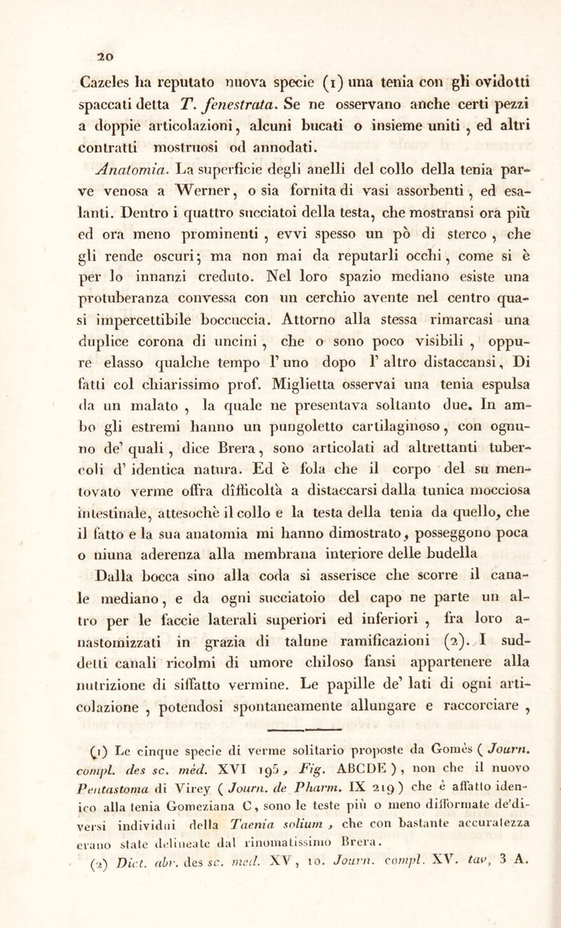 Cazeles ha reputato nuova specie (i) una tenia con gli ovidotti spaccati delta T. fenestrata. Se ne osservano anche certi pezzi a doppie articolazioni , alcuni bucati o insieme uniti , ed altri contratti mostruosi od annodati. Anatomia. La superficie degli anelli del collo della tenia par- ve venosa a Werner, o sia fornita di vasi assorbenti, ed esa- lanti. Dentro i quattro succiatoi della testa, che mostransi ora più ed ora meno prominenti , evvi spesso un pò di sterco , che gli rende oscuri} ma non mai da reputarli occhi, come si è per lo innanzi creduto. Nel loro spazio mediano esiste una protuberanza convessa con un cerchio avente nel centro qua- si impercettibile boccuccia. Attorno alla stessa rimarcasi una duplice corona di uncini , che o sono poco visibili , oppu- re elasso qualche tempo F uno dopo F altro distaccansi, Di fatti col chiarissimo prof. Miglietta osservai una tenia espulsa da un malato , la quale ne presentava soltanto due. In am- bo gli estremi hanno un pungoletto cartilaginoso, con ognu- no de quali, dice Brera, sono articolati ad altrettanti tuber- coli d1 identica natura. Ed è fola che il corpo del su men- tovato verme offra difficolta a distaccarsi dalla tunica mocciosa intestinale, attesoché il collo e la testa della tenia da quello, che il fatto e la sua anatomia mi hanno dimostrato, posseggono poca o ninna aderenza alla membrana interiore delle budella Dalla bocca sino alla coda si asserisce che scorre il cana- le mediano, e da ogni succiatolo del capo ne parte un al- tro per le faccie laterali superiori ed inferiori , fra loro a- nastomizzati in grazia di talune ramificazioni (2). I sud- detti canali ricolmi di umore chiloso fansi appartenere alla nutrizione di siffatto vermine. Le papille de1 lati di ogni arti- colazione , potendosi spontaneamente allungare e raccorciare , Qi) Le cinque specie di verme solitario proposte da Gomòs ( Journ. compì, des se. mèd. XVI 195, Fig. ABCDE ) , non che il nuovo Pentcìstoma di Virey ( Journ. de Pharm. IX 219) che è affatto idem ico alla tenia Gomeziana C, sono le teste più o meno diffamiate de’di- versi individui della Taenia solium , che con bastante accuratezza erano state delineate dal rinomatissimo Brera. (2) Dici. abv. des se. msd. XV, 10. Journ. compì. XV. tao, 3 A.