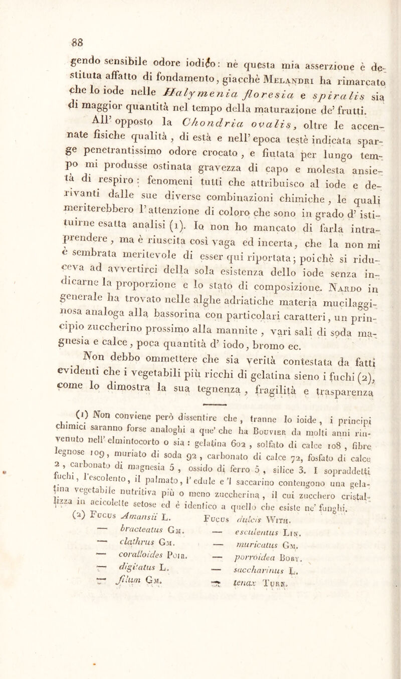 gendo sensibile odore iodico: nè questa mia asserzione è de- stinila affatto di fondamento, giacché Melandri ha rimarcato ehe lo lode nelle Halymenia floresia e spiralis sìsi di maggior quantità nel tempo della maturazione de5 frutti. All opposto la Chondrva ovctlis3 oltre le accen- nate fìsiche qualità , di està e nell’ epoca testé indicata spar- ge penetrantissimo odore crocato , e fìntala per lungo tem- po mi produsse ostinata gravezza di capo e molesta ansie- tà di respiro : fenomeni tutti che attribuisco al iode e de- rivanti dalle sue diverse combinazioni chimiche , le quali meriterebbero V attenzione di coloro che sono in grado d? isti- tuirne esalta analisi (1). Xq n0n ho mancato di farla intra- prendere , ma è riuscita così vaga ed incerta, che la non mi e sembrata meritevole di esser qui riportata ; poiché si ridu- ceva ad avvertirci della sola esistenza dello iode, senza in- dicarne la proporzione e lo stato di composizione. Nardo in generale ha trovato nelle alghe adriatiche materia mucilaggi- Jiosa analoga alla hassorina con particolari caratteri, un prin- cipio zuccherino prossimo alla mannite , vari sali di soda ma- gnesia e calce, poca quantità d’ iodo, bromo ec. Non debbo ommeltere che sia verità contestata da fatti evidenti che i vegetabili più ricchi di gelatina sieno i fuchi (2), come lo dimostra la sua tegnenza , fragilità e trasparenza (0 Non conviene però dissentire che , tranne lo ioide , i principi chimici saranno forse analoghi a qne’ che ha Bouvier da molti anni ria- venuto nell’elmintocorto o sia: gelatina 602 , solfato di calce 108, fibre egnose 109, miniato di soda 92 , carbonato di calce 72, fosfato di calce 2 , carbonato di magnesia 5 , ossido di ferro 5 , silice 3. I sopraddetti ’ * escolento, il palmato, l’edule e ’l saccarino contengono una gela- ò v betabiie nutiitiva più o meno zuccherina, il cui zucchero cristab lizza in ac ledette setose ed è identico a quello che esiste ne’ funghi. (2) Focus Amansii L. Focus dulcis With. bracteatus Gm. clathrus Gm. coralloides Foia. digi'alus L„ jìlum Gm. 7 *' • V escuientus Li or. muricatus Gm. porróidea Bory. saccharinus L. tenax Turbe