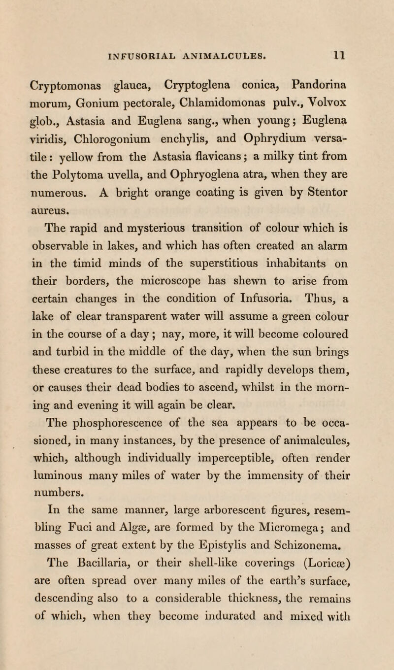 Cryptomonas glauca, Cryptoglena conica, Pandorina morum, Gonium pectorale, Chlamidomonas pulv., Volvox glob., Astasia and Euglena sang., when young; Euglena viridis, Chlorogonium enchylis, and Ophrydium versa¬ tile : yellow from the Astasia flavicans; a milky tint from the Polytoma uvella, and Ophryoglena atra, when they are numerous. A bright orange coating is given by Stentor aureus. The rapid and mysterious transition of colour which is observable in lakes, and which has often created an alarm in the timid minds of the superstitious inhabitants on their borders, the microscope has shewn to arise from certain changes in the condition of Infusoria. Thus, a lake of clear transparent water will assume a green colour in the course of a day; nay, more, it will become coloured and turbid in the middle of the day, when the sun brings these creatures to the surface, and rapidly develops them, or causes their dead bodies to ascend, whilst in the morn¬ ing and evening it will again be clear. The phosphorescence of the sea appears to be occa¬ sioned, in many instances, by the presence of animalcules, which, although individually imperceptible, often render luminous many miles of water by the immensity of their numbers. In the same manner, large arborescent figures, resem¬ bling Fuci and Algae, are formed by the Micromega; and masses of great extent by the Epistylis and Schizonema. The Bacillaria, or their shell-like coverings (Loricee) are often spread over many miles of the earth’s surface, descending also to a considerable thickness, the remains of which, when they become indurated and mixed with