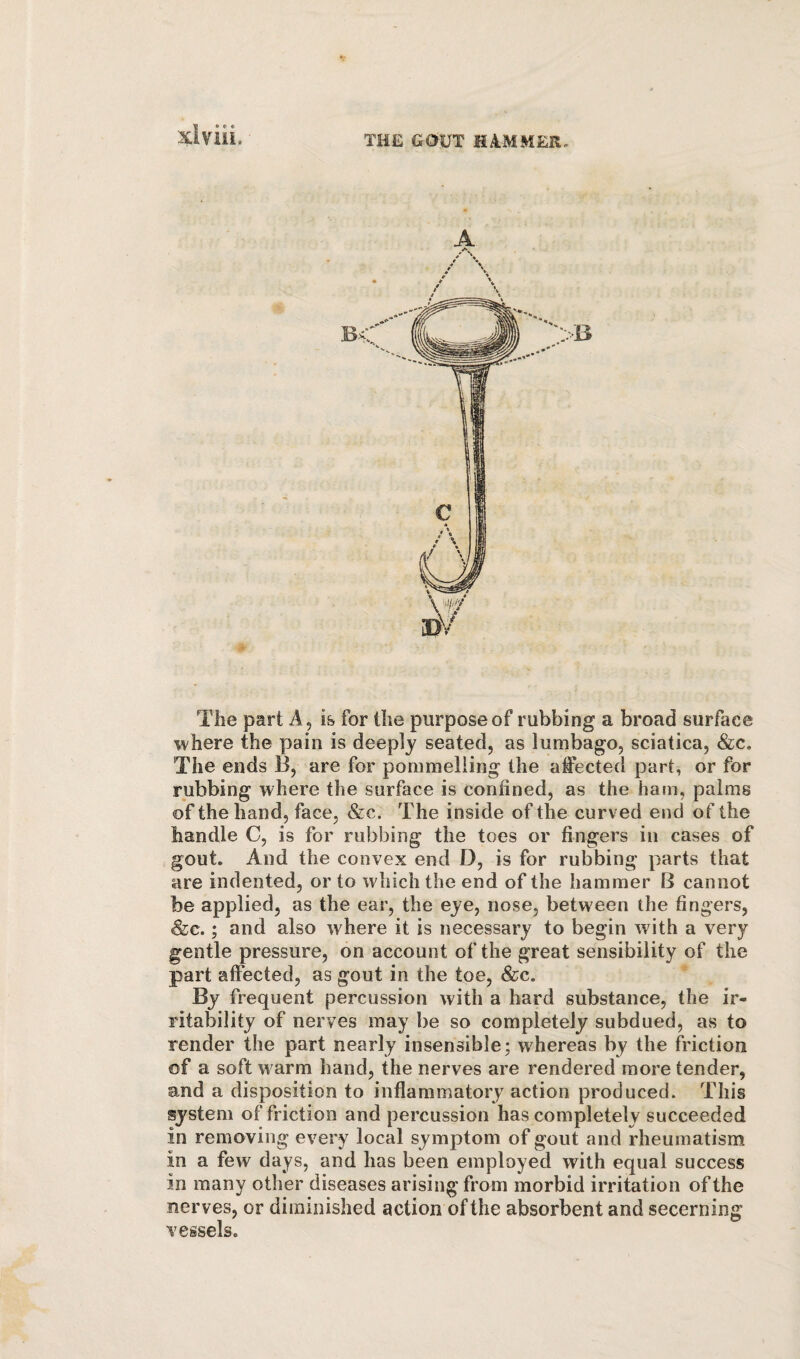 The part A, is for the purpose of rubbing a broad surface where the pain is deeply seated, as lumbago, sciatica, &c. The ends B, are for pommelling the affected part, or for rubbing where the surface is confined, as the ham, palms of the hand, face, &c. The inside of the curved end of the handle C, is for rubbing the toes or fingers in cases of gout. And the convex end D, is for rubbing parts that are indented, or to winch the end of the hammer B cannot be applied, as the ear, the eye, nose, between the fingers, &c.; and also where it is necessary to begin with a very gentle pressure, on account of the great sensibility of the part affected, as gout in the toe, &c. By frequent percussion with a hard substance, the ir¬ ritability of nerves may be so completely subdued, as to render the part nearly insensible; whereas by the friction of a soft warm hand, the nerves are rendered more tender, and a disposition to inflammatory action produced. This system of friction and percussion has completely succeeded in removing every local symptom of gout and rheumatism in a few days, and has been employed with equal success in many other diseases arising from morbid irritation of the nerves, or diminished action of the absorbent and secerning vessels.