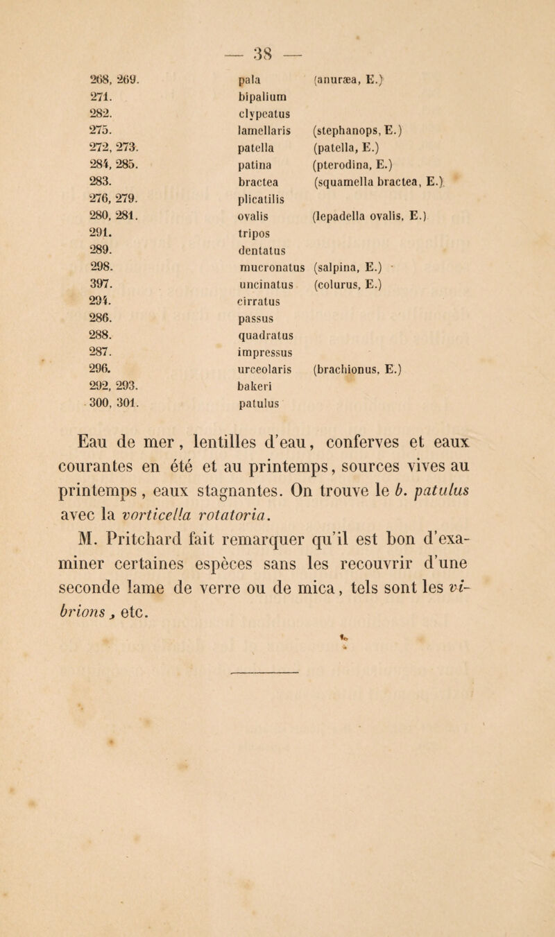 271. bipaliurn 282. clypcatus 275. lamellaris (stephanops, E.) 272, 273. patella (patella, E.) 284. 285, patina (pterodina, E.) 283. bractea (squamella bractea, E.). 276, 279. plicatilis 280, 281. ovalis (lepadella ovalis, E.) 291. tripos 289. dentatus 298. mucronatus (salpina, E.) • 397. uncinatus (colurus, E.) 294. cirratus 286. passus 288. quadratus 287. impressus 296. urceolaris (brachionus, E.) 292, 293. bakeri 300, 301. patulus Eau de mer, lentilles d’eau, conferves et eaux courantes en été et au printemps, sources vives au printemps , eaux stagnantes. On trouve le b. patulus avec la vorticella rotatoria. M. Pritcliard fait remarquer qu’il est bon d’exa¬ miner certaines espèces sans les recouvrir d’une seconde lame de verre ou de mica, tels sont les ni- brioiis J etc.
