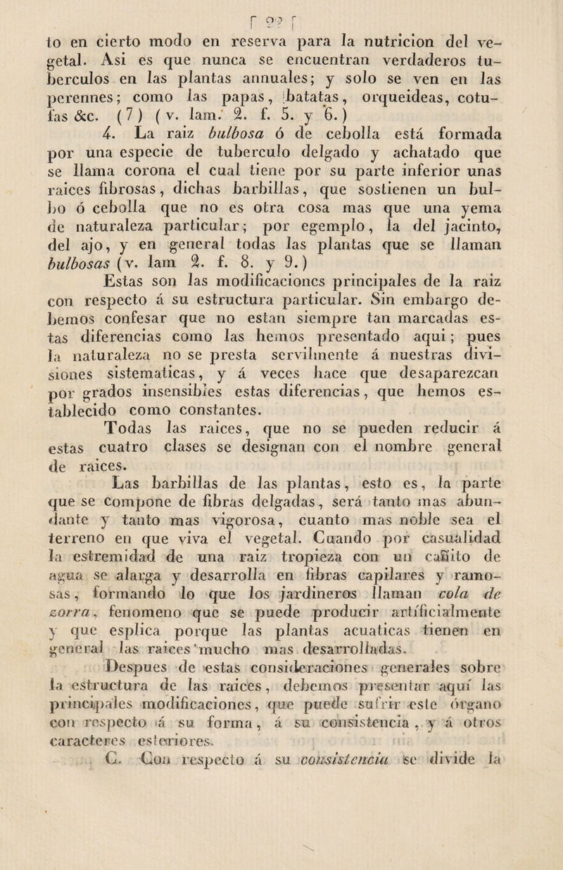 to en cierto modo en reserva para la nutrición del ve¬ getal. Asi es que nunca se encuentran verdaderos tu¬ bérculos en las plantas annuales; y solo se ven en las perennes; como las papas, ¡batatas, orqueideas, cotu¬ fas &c. (7 ) ( v. lam. 2. f. 5. y 6.) 4. La raíz bulbosa ó de cebolla está formada por una especie de tubérculo delgado y achatado que se llama corona el cual tiene por su parte inferior unas ralees fibrosas, dichas barbillas, que sostienen un bul¬ bo ó cebolla que no es otra cosa mas que una yema de naturaleza particular; por egempío, la del jacinto, del ajo, y en general todas las plantas que se llaman bulbosas (v. lain f. 8. y 9.) Estas son las modificaciones principales de la raiz con respecto á su estructura particular. Sin embargo de¬ bemos confesar que no están siempre tan marcadas es¬ tas diferencias como las hemos presentado aqui; pues Ja naturaleza no se presta servilmente á nuestras divi¬ siones sistemáticas, y á veces hace que desaparezcan por grados insensibles estas diferencias, que liemos es¬ tablecido como constantes. Todas las nuces, que no se pueden reducir á estas cuatro clases se designan con el nombre general de raices. Las barbillas de las plantas, esto es, la parte que se Compone de fibras delgadas, será tanto mas abun¬ dante y tanto mas vigorosa, cuanto mas noble sea el terreno en que viva el vegetal. Cuando por casualidad la estrena i dad de una raiz tropieza con un carrito de agua se alarga y desarrolla en fibras capilares y ramo¬ sas , formando lo que los jardineros llaman cola de zorra, fenómeno que se puede producir artificialmente y que espíica porque las plantas acuáticas tienen en general las raices'mucho mas desarrolladas. Después de estas consideraciones generales sobre la estructura de las raices, debemos presentar aquí las principales modificaciones, que puede sufrir este órgano con respecto á su forma, á su consistencia , y á otros caracteres es ferio res. G. Con respecto á su consistencia se divide la