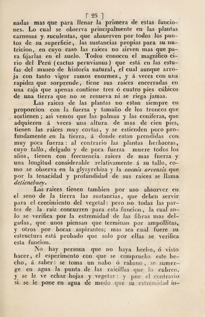 nadas mas que para llenar la primera de estas funcio¬ nes. Lo cual se observa principalmente en las plantas carnosas y suculentas, que absuerven por todos los pun¬ tos de su superficie, las sustancias propias para su nu¬ trición, en cuyo caso las raíces no sirven mas que pa¬ ra fijarlas en el suelo. Todos conocen el magnifico ci¬ rio del Perú (cactus peruvianus) que está en las estu¬ fas del museo de historia natural , el cual aunque arro¬ ja con tanto vigor ramos enormes , y á veces con una rapidez que sorprende, tiene sus raíces encerradas en una caja que apenas contiene tres ó cuatro pies cúbicos de una tierra que no se renueva ni se riega jamas. Las raíces de las plantas no están siempre en proporción con la fuerza y tamaño de los troncos que sostienen ; asi vemos que las palmas y las coniferas, que adquieren á veces una altura¡ de mas de cien pies, tienen las raíces muy cortas, y se estienden poco pro¬ fundamente en la tierra, á donde están prendidas con muy poca fuerza : al contrario las plantas herbáceas, cuyo tallo, delgado y de poca fuerza muere todos los años, tienen con frecuencia raíces de mas fuerza y una longitud considerable relativamente á su tallo, co¬ mo se observa en la glyzyrrhiza y la ojwnis arvensis que por la tenacidad y profundidad de sus raices se llama detienebuey. Las raices tienen también por uso absorver en el seno de la tierra las sustancias, que deben servir para el crecimiento del vegetal: pero no todas las par¬ tes de la raiz concurren para esta función, Ja cual so¬ lo se verifica por la estremidad de las fibras mas del¬ gadas , que unos piensan que terminan por ampollitas, y otros por bocas aspirantes; mas sea cual fuere su estructura está probado que solo por ellas se verifica esta función. No hay persona que no haya hecho, ó visto hacer, el esperimento con que se comprueba este he¬ cho, á saber: se toma un nabo ó rabano se sumer¬ ge en agua la punta de las raicillas que lo cubren, y se le ve echar hojas y vegetar: y por el contrario si se le pone en agua de modo que su estremidad in-