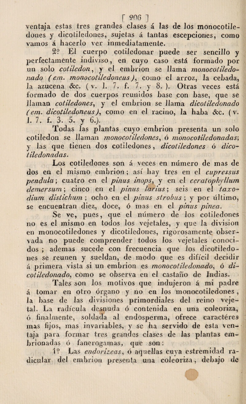 ventaja estas tres grandes clases á las de los monocotile¬ dones y dicotiledones, sujetas á tantas escepciones, como ramos á hacerlo ver inmediatamente. El cuerpo cotiledonar puede ser sencillo y perfectamente indiviso, en cuyo caso está formado por un solo cotiledón, y el embrión se llama monocoliledo- nado (ern. mono cotiledóneas), como el arroz, la cebada, la azucena &c. (v. 1. 7. f. 7. y 8. ). Otras veces está formado de dos cuerpos reunidos base con base, que se llaman cotiledones, y el embrión se llama dicotiledonado (ern. dicotiledóneas), como en el racino, la haba &c. (v. J. 7. f. 3. 5. y 6.). Todas las plantas cuyo embrión presenta un solo cotiledón se llaman monocotiledones, ó mono cotile donadas; y las que tienen dos cotiledones, dicotiledones ó dico- tile donadas. Los cotiledones son á veces en número de mas de dos en el mismo embrión; así hay tres en el cupressus péndula; cuatro en el pinus inops, y en el ceratophyllum demersurn; cinco en el pinas larius; seis en el taxo- dium distichum ; ocho en el pinus strobas ; y por último, se encuentran diez, doce, ó mas en el pinus pinea. Se ve, pues, que el número de los cotiledones no es el mismo en todos los vejetales, y que la division en monocotiledones y dicotiledones, rigorosamente obser¬ vada no puede comprender todos los vejetales conoci¬ dos ; ademas sucede con frecuencia que los dicotiledo¬ nes se reúnen y sueldan, de modo que es difícil decidir á primera vista si un embrión es monocotiledonado, ó di-* coliledonado, como se observa en el castaño de Indias. Tales son los motivos que indujeron á mi padre á tomar en otro órgano y no en los monocotiledones, la base de las divisiones primordiales del reino veje¬ ta!. La radícula desnuda ó contenida en una coleoriza, ó finalmente, soldada al endosperma, ofrece caractéres mas fijos, mas invariables, y se ha servido de esta ven¬ taja para formar tres grandes clases de las plantas em- hrionadas ó fanerógamas, que son: 1? Las endorizeas, ó aquellas cuya estremidad ra¬ dicular del embrión presenta una coleoriza, debajo de