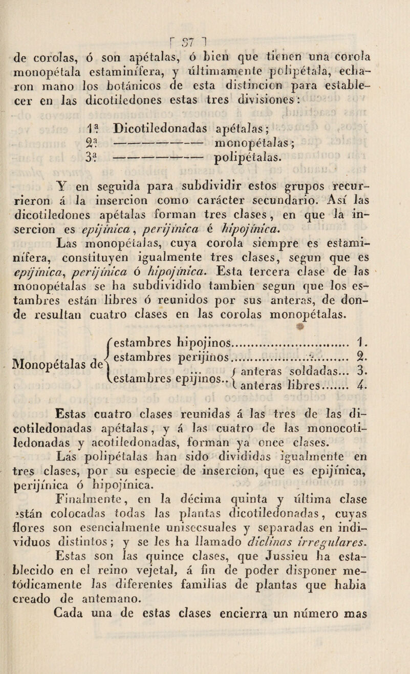 r 07 1 j OÍ I de corolas, ó son apétalas, ó bien que tienen una corola monopétala estaminífera, y últimamente polipétala, echa¬ ron mano los botánicos de esta distinción para estable¬ cer en las dicotiledones estas tres divisiones: 1? Dicotiledonadas apétalas; 2?-monopétalas; 3?-*—— -polipétalas. Y en seguida para subdividir estos grupos recur¬ rieron á la inserción como carácter secundario. Así las dicotiledones apétalas forman tres clases, en que la in¬ serción es epijinica, perijínica é hipojínica. Las monopétalas, cuya corola siempre es estami¬ nífera, constituyen igualmente tres clases, según que es epijinica, perijínica ó hipojínica. Esta tercera clase de las monopétalas se ha subdividido también según que los es¬ tambres están libres ó reunidos por sus anteras, de don¬ de resultan cuatro clases en Jas corolas monopétalas. Monopétalas de {estambres hipojinos estambres perijinos estambres epijinos.. anteras soldadas... anteras libres....... 1. 2. 3. 4. Estas cuatro clases reunidas á las tres de las di¬ cotiledonadas apétalas, y á las cuatro de las monocoti- ledonadas y acotiledonadas, forman ya once clases. Las polipétalas han sido divididas igualmente en tres clases, por su especie de inserción, que es epijinica, perijínica ó hipojínica. Finalmente, en la décima quinta y última clase ístán colocadas todas las plantas dicotiledonadas, cuyas flores son esencialmente unisecsuales y separadas en indi¬ viduos distintos; y se les ha llamado diclinas irregulares. Estas son las quince clases, que Jussieu ha esta¬ blecido en el reino vejetal, á fin de poder disponer me¬ tódicamente Jas diferentes familias de plantas que habia creado de antemano. Cada una de estas clases encierra un número mas