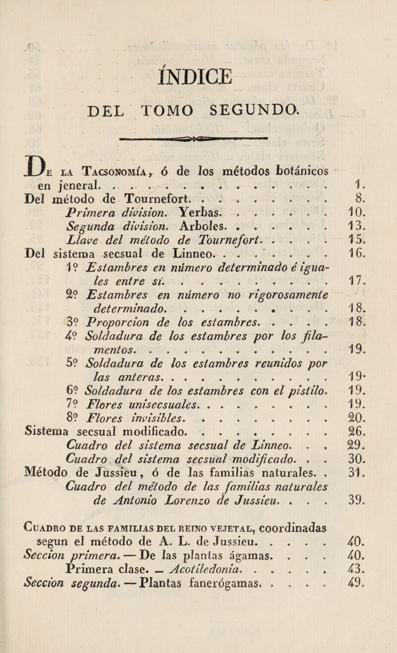 ÍNDICE DEL TOMO SEGUNDO. XJe la Tacsonomía, ó de los métodos botánicos en jeneral. .. 1 Del método de Tournefort» ........ 8 Primera division. Yerbas. 10 Segunda division. Arboles. ...... 13 Llave del método de Tournefort. 15 Del sistema secsual de Linneo. . . . . . . 16. 1? Estambres en número determinado é igua¬ les entre si. ........ 17 Estambres en número no rigorosamente determinado. ......... 18 3? Proporción de los estambres. .... 18 4? Soldadura de los estambres por los fila¬ mentos. ........... 19 5? Soldadura de los estambres reunidos por las anteras. .......... 19 6? Soldadura de los estambres con el pistilo. 19 7 ? Flores unisecsuales. ........ 19 8? Flores invisibles. ........ SO Sistema secsual modificado. ........ S6 Cuadro del sistema secsual de Linneo. . . S9 Cuadro del sistema secsual modificado. . . 30 Método de Jussieu, ó de las familias naturales. . 31 Cuadro del método de las familias naturales de Antonio Lorenzo de Jussieu. . . . 39. Cuadro de las familias del reino vejetal, coordinadas según el método de A. L. de Jussieu. .... 40. Sección primera. — De las plantas ágamas. . . . 40. Primera clase. — Acotiledonia. ..... 43.