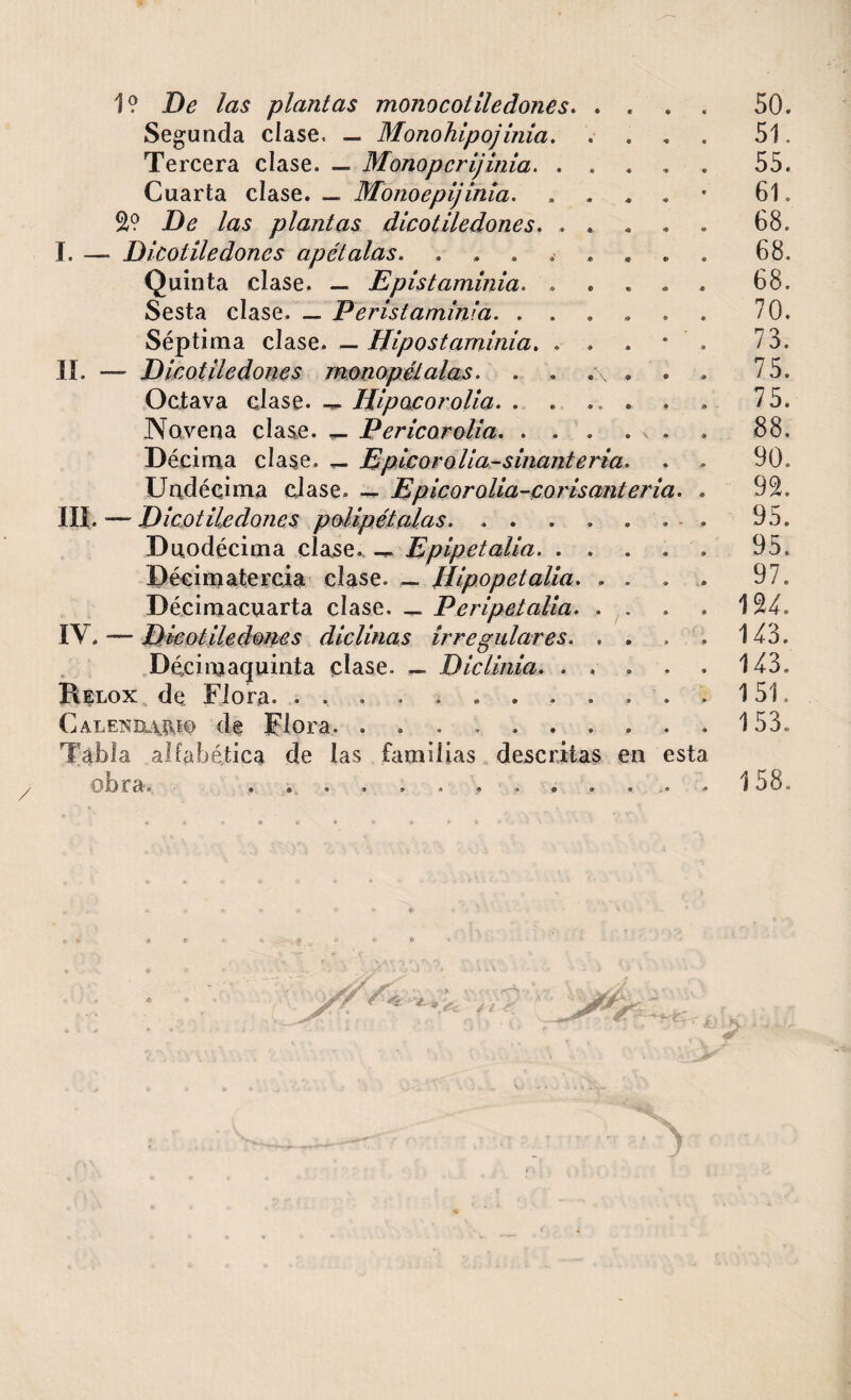 1? De las plantas mono cotiledones. .... 50. Segunda cíase, — Monohipojmia. .... 51. Tercera clase. — Monopcrijinia. ..... 55. Cuarta clase. — Monoepijinia. .... * 61. 2? De las plantas dicotiledones. ..... 68. I. — Dicotiledones apétalas. ........ 68. Quinta clase. — Epistaminia. ..... 68. Sesta clase. _ Perisiamin l Cb • • • 9 . . . 70. Séptima clase. — Hipostaminia. . . . * . 73. II. — Dicotiledones monopétalas. . . .\ . . . 75. Octava clase. Hipacorolia. . . . . . 75. Novena clase. — Pericorolia.. . . 88. Décima cíase. — Epicor o lia-sinanteria. . - 90. Undécima clase. — Epicor olia-corisanteria. . 92. III. — Dicotiledones polipétalas. . . . . . . - . 95. Duodécima clase. Epipetalia. ..... 95. Décimatercia clase. Hipopetalia. . . . , 97. Décimacuarta clase. — Peripeialia. . . . . 124. IV. — Dicotiledones die linas irregulares.143. Décinjaquinta clase. — Diclmia, . . . . . 143. Relox de Flora. ............ 151. Calendado de Flora, . . . . . . . . . . 153. Tabla alfabética de las familias descritas en esta