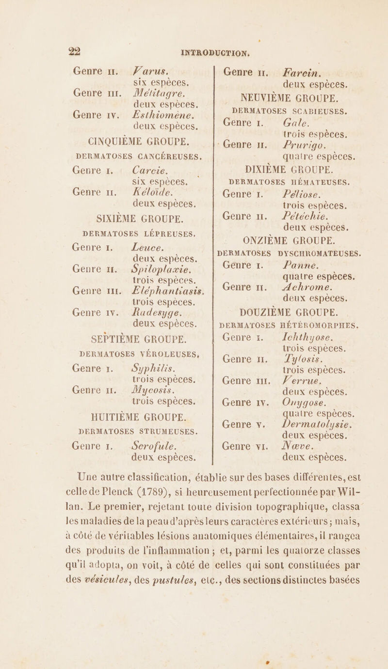 Genre 11. Y’arus. six espèces. Genre 11. Métitagre. deux espèces. Genre 1v. ÆEsthiomene. deux espèces. CINQUIÈME GROUPE. DERMATOSES CANCÉREUSES, Genre 1. Carcie. SiX espèces. Genre 11. Æéloide. deux espèces. SIXIÈME GROUPE. DERMATOSES LÉPREUSES. Genre 1. ZLeuce. deux espèces. Genre 1. Spriloplaxie. trois espèces. Genre 111. trois espèces. Radesyge. deux espèces. SEPTIÈME GROUPE. DERMATOSES VÉROLEUSES, Genre 1v. Genre 1. Syphilis. trois espèces. Genre 11. Mycosis. trois espèces. HUITIÈME GROUPE. DERMATOSES STRUMEUSES. Genre 1. Serofule. deux espèces. Farcin. deux espèces. NEUVIÈME GROUPE. DERMATOSES SCABIEUSES. Genre 11. Genre 1. Gale. trois espèces. : Genre 11. Prurigo. quatre espèces. DIXIÈME GROUPE. DERMATOSES HÉMATEUSES. Genre 1. Peliose. trois espèces. Genre 11. Pétéchie. deux espèces. ONZIÈMÉ GROUPE. DÉRMATOSES DYSCHROMATEUSES. Genre r. Panne. quatre espèces. Genre 11. Achrome. deux espèces. DOUZIÈME GROUPE. DERMATOSES HÉTÉROMORPHES. Genre 1. /chthyose. trois espèces. Genre 11. Zylosis. trois espèces. Genre 11. ’errue. deux espèces. Genre 1v. Onygose. quatre espèces. Genre v. Dermatolysie. deux espèces. Genre vi. ÂVœve. deux espèces.