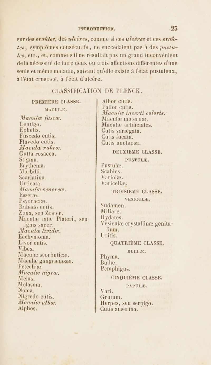 sur des eroûtes, des ulcères, comme si ces ulcères et ces croû- tes, symptômes consécutifs, ne succédaient pas à des pustu- les, etc., et, comme s'il ne résultait pas un grand inconvénient de la nécessité de faire deux ou trois affections différentes d'une seule et même maladie, suivant qu'elle existe à l’état pustuleux, à l’état crustacé, à l’état d'ulcère. CLASSIFICATION DE PLENCK. PREMIERE CLASSE. MACULÆ. Maculæ fuscæ. Lentigo. Ephelis. Fuscedo cutis. Flavedo cutis. Maculæ rubre. Gutta rosacea. Stigma. Erythema. Morbilli. Scarlatina. Ürticata. Maculæ venereæ. Esseræ. Psydraciæ. Rubedo cutis. Zona, seu Zoster. Maculæ latæ Plateri, seu ignis SaCer. Macule livide. Ecchymoma. Livor cutis. Vibex. Maculæ scorbuticæ. Maculæ gangrænosæ, Petechiæ. Maculæ nigre. Melas. Melasma. Noma. Nigredo cutis. Maculæ albæ. Alphos. Albor cutis. Pallor cutis. Maculæ incerti coloris. Maculæ maternæ. Maculæ artificiales. Cutis variegala. Cutis fucata. Cutis unctuosa. DEUXIEME CLASSE. PUSTULÆ, Pustulæ. Scabies. Variolæ. Varicellæ. TROISIÈME CLASSE. VESICULÆ, Sudamen. Miliare. Hydates. Vesiculæ crystallinæ genita- lium. Uritis. QUATRIÈME CLASSE, BULLÆ. Phyma. Bullæ. Pemphigus. CINQUIÈME CLASSE. PAPULÆ. Vari. Grutum. Herpes, seu serpigo. Cutis anserina.