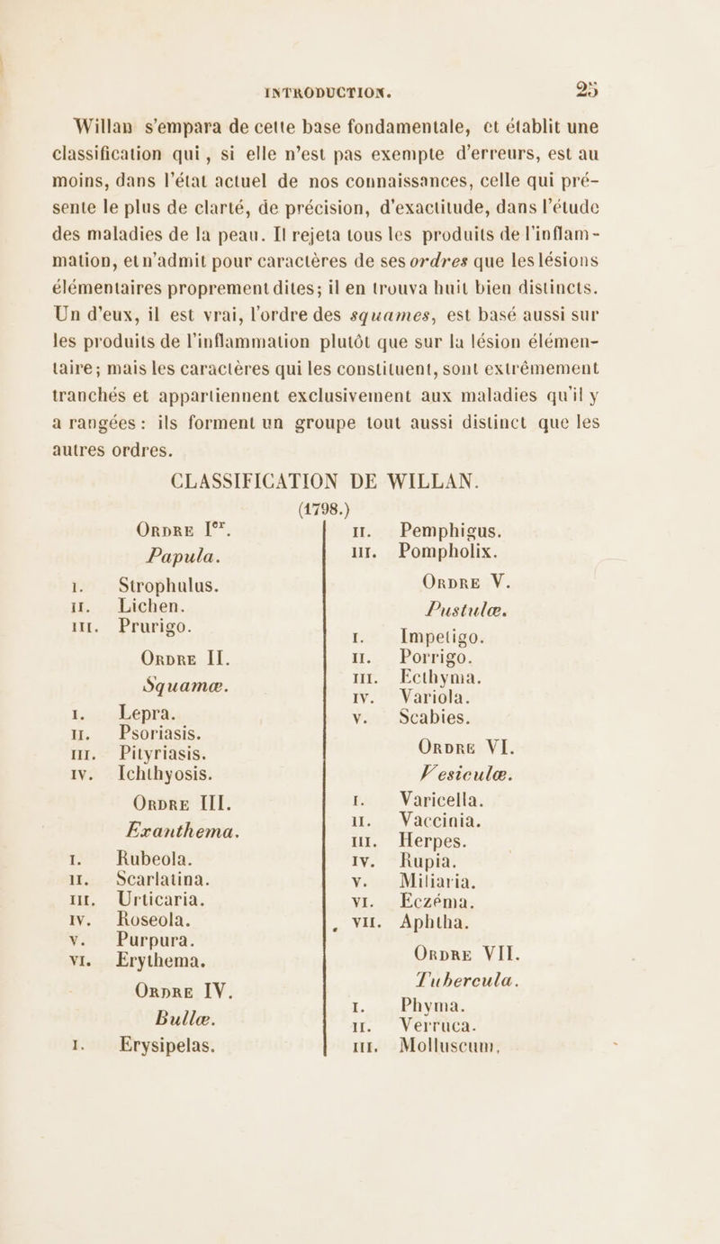Willan s’empara de cette base fondamentale, et établit une classification qui, si elle n’est pas exempte d'erreurs, est au moins, dans l’état actuel de nos connaissances, celle qui pré- sente le plus de clarté, de précision, d’exactitude, dans l'étude des maladies de la peau. Il rejeta tous les produits de l'inflam - mation, etn’admit pour caractères de ses ordres que les lésions élémentaires proprement dites; il en trouva huit bien distincts. Un d'eux, il est vrai, l'ordre des squames, est basé aussi sur les produits de l’inflammation plutôt que sur la lésion élémen- taire; mais les caractères qui les constituent, sont extrêmement tranchés et appartiennent exclusivement aux maladies qu'il y a rangées : ils forment un groupe tout aussi distinct que les autres ordres. CLASSIFICATION DE WILLAN. (1798.) ORDRE [°. I. Pemphigus. Papula. ur. Pompholix. 1 Strophulus. OrDRE V. il. LieRe Pustulæ, œ . it. Prurigo. 2 2 Hmpetigo: ORDRE Il. at. Porrigo. + III. Ecthyma. ame. sauane | IN. Mao: 1... Lepra v. Scabies. 1. Psoriasis. | 1. Pityriasis. Orore VI. iv. Ichthyosis. V’esiculæ. ORDRE IIL. I. Varicella. ii. _Vaccinia. Exanthema. nr. Herpes. 1. Rubeola. IV. Rupia. il. SCarlatina. v. Miliaria. it. Urticaria. vI. Eczéma. IV. es YU: Aphlhæ V. urpura. vi. Erythema. OnDRe VII. dé IN Tubercula. Bull | 1. .Phyma. Are 1. Verruca. 1. Erysipelas. it, Molluscum,