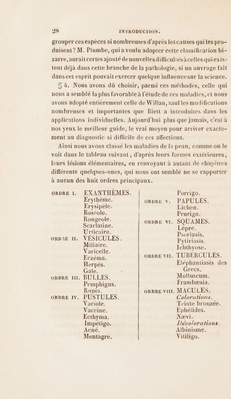 grouper ces espèces si nombreuses d’après les causes qui les pro- duisent? M. Plumbe, qui a voulu adopter cette classification bi- zarre,aurailcertes ajouté denouvelles difficultés à celles quiexis- tent déjà dans cette branche de la pathologie, si un ouvrage fait dans cet esprit pouvaitexercer quelque influence sur la science. $ 4. Nous avons dù choisir, parmi ces méthodes, celle qui nous a semblé la plus favorable à l'étude de ces maladies, et nous avons adopté entièrement celle de Willan, sauf les modifications nombreuses et importantes que Biett a introduites dans les applications individuelles. Aujourd'hui plus que jamais, c’est à nos yeux le meilleur guide, le vrai moyen pour arriver exacle- ment au diagnostic si difficile de ces affections. Ainsi nous avons classé les maladies de la peau, comme on le voit dans le tableau suivant , d’après leurs formes extérieures, leurs lésions élémentaires, en renvoyant à autant de chapitres différents quelques-unes, qui nous ont semblé ne se rapporter à aucun des huit ordres principaux. | ORDRE 1. EXANTHEMES. Porrigo. Erythème. ORDRE v. PAPULES. Erysipèle. Lichen. Roséole. Prurigo. Rougeole. ORDRE vi. SQUAMES. Scarlatine. à Lèpre. Urticaire. Déorincie ORDXE I. VESICULES. MEN PCI 2. ytiriasis. Pas. Ichthyose. rat ORDRE vi. TUBERCULES. Herpès. Eléphantiasis des Gale. Grecs. ORDRE af. BULLES. Molluscum. Pemphigus. | Frambæsia. Rupia. ORDRE Vitt. MACULES. ORDRE IV, PUSTULES. Colorations. Variole. Teinte bronzée. Vaccine. Ephélides. Ecthyma. Nævi. Impétigo. Deécolorations. Acné. Albinisme. Mentagre. Vitiligo.