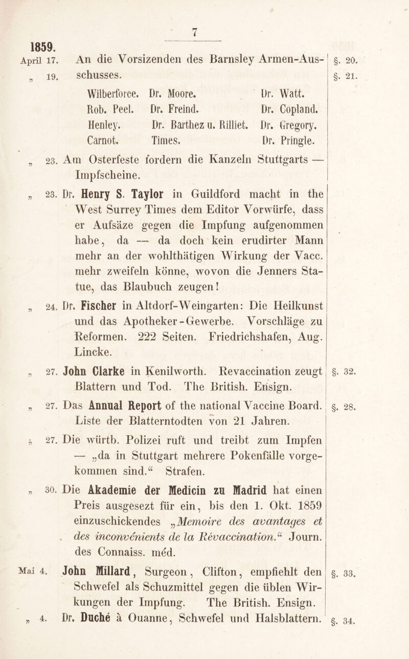 1859, April 17, * 19, An die Vorsizenden des Barnsley Armen-Aus- §. 20. scliusses. §. 21. Wilberforce. Dr. Moore» l)r. Watt, hob. Peel. Dr. Freind. Dr. Copland. Henley. Dr. Barthez u. Rilllet. Dr. Gregory. Carnot. Times. Dr. Pringle. 23. Am Osterfeste fordern die Kanzeln Stuttgarts — Impfscheine. 23. Dr. Henry S. Taylor in Guildford macht in the West Surrey Times dem Editor Vorwürfe, dass er Aufsäze gegen die Impfung aufgenommen habe, da — da doch kein erudirter Mann mehr an der wohlthätigen Wirkung der Vacc. mehr zweifeln könne, wovon die Jenners Sta¬ tue, das Blaubuch zeugen! 24. Dr. Fischer in Altdorf-Weingarten: Die Heilkunst und das Apotheker-Gewerbe. Vorschläge zu Reformen. 222 Seiten. Friedrichshafen, Aug. Lincke. 27. Johl Clarke in Kenilworth. Revaccination zeugt | §. 32. Blattern und Tod. The British, Erisign. 27. Das Animal Report of the national Vaccine Board. | §. 28, Liste der Blatterntodten von 21 Jahren. 27. Die würtb. Polizei ruft und treibt zum Impfen — „da in Stuttgart mehrere Pokenfälle vorge¬ kommen sind.“ Strafen. 30. Die Akademie der Medicin zu Madrid hat einen Preis ausgesezt für ein, bis den 1. Okt. 1859 einzuschickendes „Memoire des avantages et , des inconvcnients de la RevaccinationJourn. des Connaiss. med. Mai 4. 4. John iillard, Surgeon, Clifton, empfiehlt den Schwefel als Schuzmittel gegen die üblen Wir¬ kungen der Impfung. The British. Ensign. Dr. Dnche ä Ouanne, Schwefel und Halsblattern. §. 33. §. 34. »