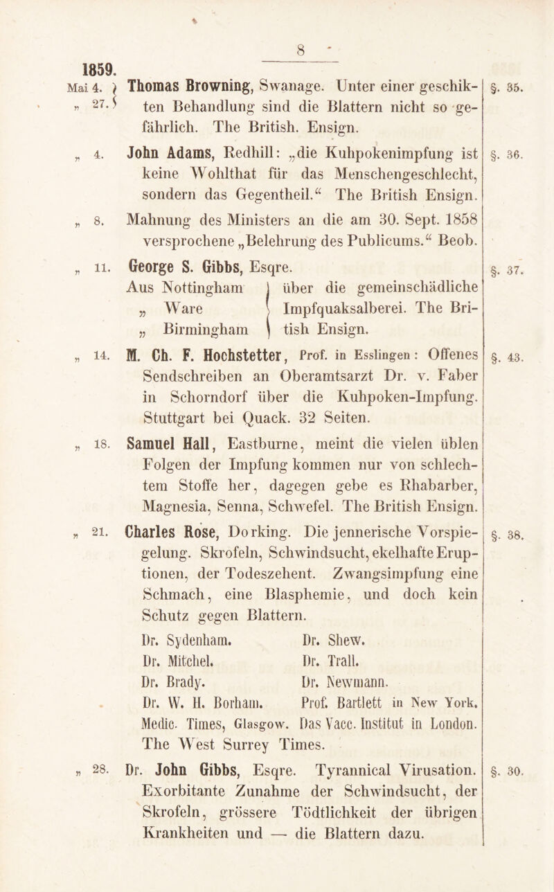 % 1859. Mai 4. } Thomas Browning, Swanage. Unter einer geschik- » 27-^ ten Behandlung sind die Blattern nicht so ge¬ fährlich. The British. Ensign. „ 4. John Adams, Redhill: „die Kuhpokenimpfung ist keine Wohlthat für das Menschengeschlecht, sondern das Gegentheil.“ The British Ensign. „ 8. Mahnung des Ministers an die am 30. Sept. 1858 versprochene „Belehrung des Publicums.“ Beob. „ n. George S. Gibbs, Esqre. Aus Nottingham j über die gemeinschädliche „ Ware ) Impfquaksalberei. The Bri- „ Birmingham \ tish Ensign. „ 14. M. Ch. F. Hochstetter, Prof, in Esslingen: Offenes Sendschreiben an Oberamtsarzt Dr. v. Faber in Schorndorf über die Kuhpoken-Impfung. Stuttgart bei Quack. 32 Seiten. „ 18. Samuel Hall, Eastburne, meint die vielen üblen Folgen der Impfung kommen nur von schlech¬ tem Stoffe her, dagegen gebe es Rhabarber, Magnesia, Senna, Schwefel. The British Ensign. 21. Charles Rose, Dorking. Die jennerische Vorspie¬ gelung. Skrofeln, Schwindsucht, ekelhafte Erup¬ tionen, der Todeszehent. Zwangsimpfung eine Schmach, eine Blasphemie, und doch kein Schutz gegen Blattern. Dr. Sydenham. Dr. Mitchel. Dr. Brady. Dr. W. H. Borham. Dr. Shew, Dr. Trall. Dr. Newmann. Prof. Bartlett in New York. Medic. Times, Glasgow. Das Vacc. Institut in London. The West Surrey Times. §. 35 §. 37 §• 43 §• 38 „ 28. Dr. John Gibbs, Esqre. Tyrannical Virusation. Exorbitante Zunahme der Schwindsucht, der Skrofeln, grössere Tödtlichkeit der übrigen Krankheiten und — die Blattern dazu. §. 30