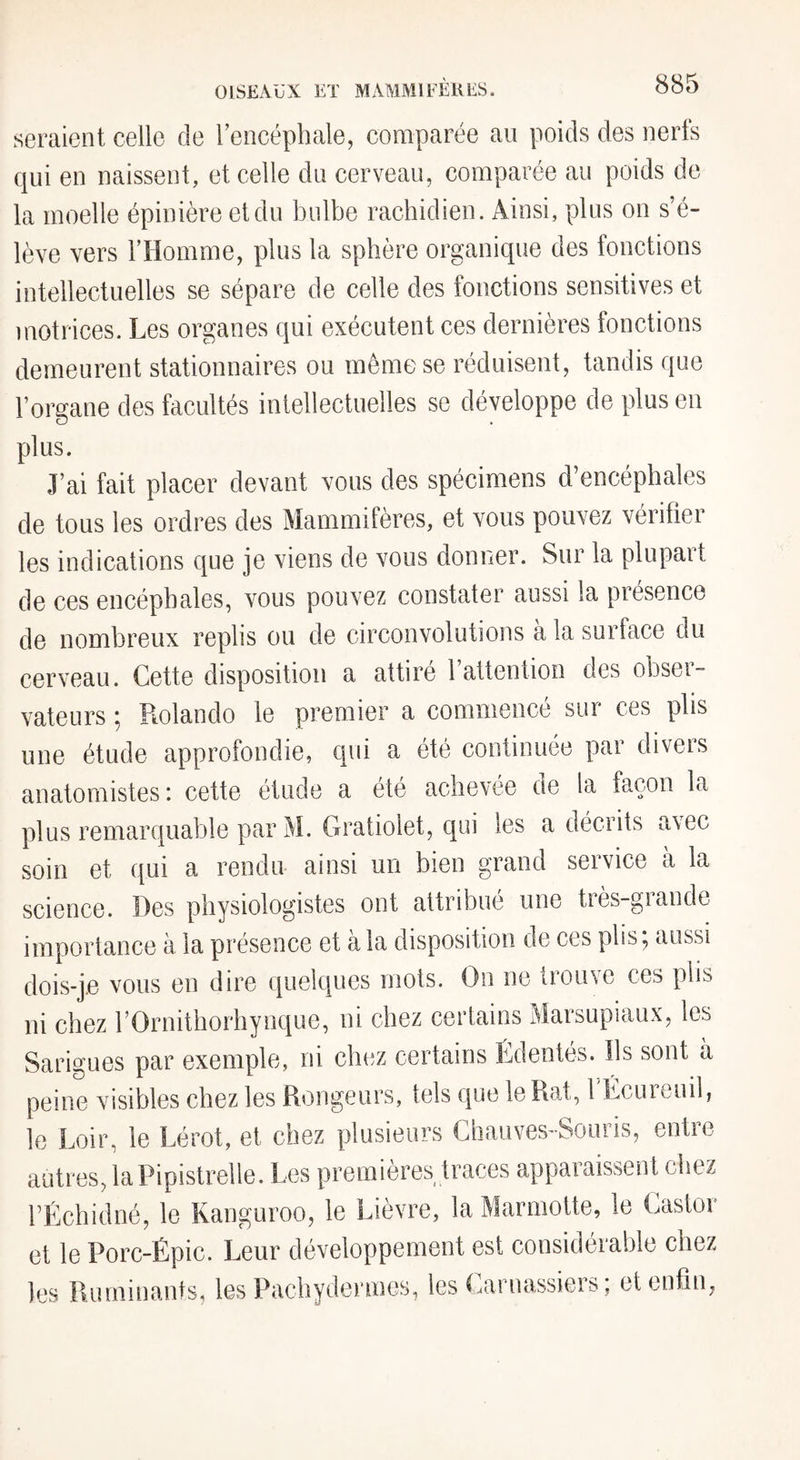 seraient celle de Tencéphale, comparée au poids des nerfs qui en naissent, et celle du cerveau, comparée au poids de la moelle épinière et du bulbe rachidien. Ainsi, plus on s’é¬ lève vers l’Homme, plus la sphère organique des fonctions intellectuelles se sépare de celle des fonctions sensitives et motrices. Les organes qui exécutent ces dernières fonctions demeurent stationnaires ou même se réduisent, tandis que l’organe des facultés intellectuelles se développe de plus en plus. J’ai fait placer devant vous des spécimens d’encéphales de tous les ordres des Mammifères, et vous pouvez vérifier les indications que je viens de vous donner. Sur la plupart de ces encéphales, vous pouvez constater aussi la présence de nombreux replis ou de circonvolutions a la surface du cerveau. Cette disposition a attiré l’attention des obser¬ vateurs ^ Rolande le premier a commence sur ces plis une étude approfondie, qui a été continuée par divers anatomistes: cette étude a été achevée de la façon la plus remarquable par M. Gratiolet, qui les a décrits avec soin et qui a rendu ainsi un bien grand service à la science. Des physiologistes ont attribue une très-giande importance à la présence et à la disposition de ces plis ; aussi dois-je vous en dire quelques mots. On ne trouve ces plis ni chez l’Ornithorhynque, ni chez certains Marsupiaux, les Sarigues par exemple, ni chez certains Édentés. Ils sont à peine visibles chez les Rongeurs, tels que le Rat, l Lcuieuil, le Loir, le Lérot, et chez plusieurs Chauves-Souris, entre autres, la Pipistrelle. Les premières traces apparaissent chez rÉchidné, le Kanguroo, le Lièvre, la Marmotte, le Castor et le Porc-Épic. Leur développement est considérable chez les Ruminants, les Pachydermes, les Carnassiers; et enfin,