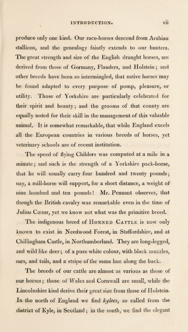 produce only one kind. Our race-horses descend from Arabian stallions, and the genealogy faintly extends to our hunters. The great strength and size of the English draught horses, are derived from those of Germany, Flanders, and Holstein; and other breeds have been so intermingled, that native horses may be found adapted to every purpose of pomp, pleasure, or utilit}^ Those of Yorkshire are particularly celebrated for their spirit and beauty; and the grooms of that county are equally noted for their skill in the management of this valuable animal. It is somewhat remarkable, that while England excels all the European countries in various breeds of horses, yet veterinary schools are of recent institution. The speed of flying Childers was computed at a mile in a minute; and such is the strength of a Yorkshire pack-horse, that he will usually carry four hundred and twenty pounds; nay, a mill-horse will support, for a short distance, a weight of nine hundred and ten pounds! Mr. Pennant observes, that though the British cavalry was remarkable even in the time of Julius Caesar, yet we know not what was the primitive breed. The indigenous breed of Horned Cattle is now^ only known to exist in Needwood Forest, in Staffordshire, and at Chillingham Castle, in Northumberland. They are long-legged, and wild like deer; of a pure white colour, with black muzzles, ears, and tails, and a stripe of the same hue along the back. The breeds of our cattle are almost as various as those of our horses; those of Wales and Cornwall are small, while the Lincolnshire kind derive their great size from those of Holstein. In the north of England w^e find kyloes^ so called from the district of Kyle, in Scotland; in the south, we find the elegant