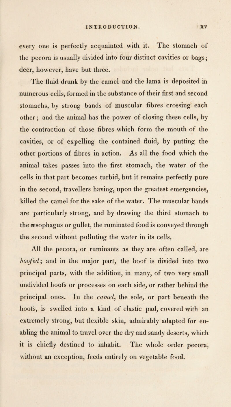 every one is perfectly acquainted with it. The stomach of the pecora is usually divided into four distinct cavities or bags; deer, however, have but three. The fluid drunk by the camel and the lama is deposited in numerous cells, formed in the substance of their first and second stomachs, by strong bands of muscular fibres crossing each other; and the animal has the power of closing these cells, by the contraction of those fibres which form the mouth of the cavities, or of expelling the contained fluid, by putting the other portions of fibres in action. As all the food which the animal takes passes into the first stomach, the water of the cells in that part becomes turbid, but it remains perfectly pure in the second, travellers having, upon the greatest emergencies, killed the camel for the sake of the water. The muscular bands are particularly strong, and by drawing the third stomach to the eesophagus or gullet, the ruminated food is conveyed through the second without polluting the water in its cells. All the pecora, or ruminants as they are often called, are hoofed \ and in the major part, the hoof is divided into two principal parts, with the addition, in many, of two very small undivided hoofs or processes on each side, or rather behind the principal ones. In the camel, the sole, or part beneath the hoofs, is swelled into a kind of elastic pad, covered with an extremely strong, but flexible skin, admirably adapted for en¬ abling the animal to travel over the dr} and sandy deserts, which it is chiefly destined to inhabit. The whole order pecora, without an exception, feeds entirely on vegetable food.