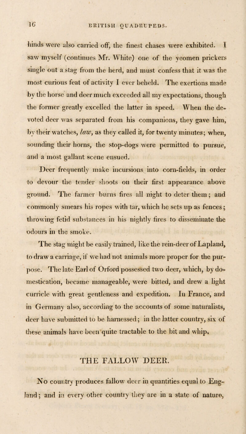 hinds were also carried oflf, the linest chases were exhibited. I saw myself (continues Mr. White) one of the yeomen prickers single out a stag from the herd, and must confess that it was the most curious feat of activity I ever beheld. The exertions made by the horse and deer much exceeded all my expectations, though the former greatly excelled the latter in speed. When the de» voted deer was separated from his companions, they gave him, by their watches, lau\ as they called it, for twenty minutes; when, sounding their horns, the stop-dogs were permitted to pursue, and a most gallant scene ensued. Deer frequently make incursions into corn-fields, in order to devour the tender slioots on their first appearance above ground. The farmer burns fires all night to deter them; and commonly smears his ropes with tar, which he sets up as fences; throwing fetid substances in his nightly fires to disseminate the odours in the smoke. The stag might be easily trained, like the rein-deer of Lapland, to draw a carriage, if we had not animals more proper for the pur- ’ pose. The late Earl of Orford possessed two deer, which, by do¬ mestication, became manageable, were bitted, and drew a light curricle with great gentleness and expedition. In France, and in Germany also, according to the accounts of some naturalists, deer have submitted to be harnessed; in the latter country, six of these animals have been quite tractable to the bit and whip, THE FALLOW DEER. No country produces fallow deer in quantities equal to Eng¬ land ; and in every other country they are in a state of nature,