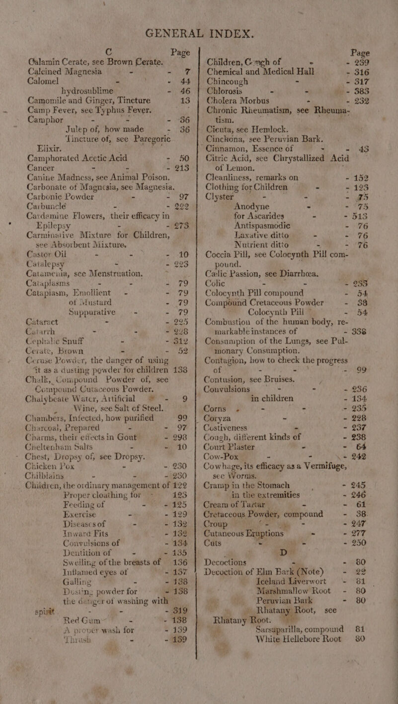 Thrush - - C Page G@alamin Cerate, see Brown Cerate. Calcined Magnesia = aN Calomel - ; - 44 hydrosublime - 46 Camomile and Ginger, Tincture 13 Camp Fever, see Typhus Fever. Camphor - - - 36 Julep of, how made - 36 ‘Tincture of, see Paregoric Elixir. Camphorated Acetic Acid >. 50 Cancer - - - 215 Canine Madness, see Animal Poison. Carbonate of Magnesia, see Magnesia. Carbonic Po weer - - 97 Caibunclé . - 292 Cardemine Flowers, their efficacy in Epilepsy - 2973 Carminaiive Mixture fot Children, see Absorbent Mixture. Castor Oil - shh - 10 Catalepsy - - 293 Catamenia, see Menstruation. Cataplasms - - = 79 Catapiasm, Emollient = - - 79 of (lustard PY fc Suppurative - - 79 Catarect - - 295 Caiarrh - - - 298 Cephalic Snuff - - B12 Cerate, Brown - - 52 Ceruse Powder, the danger of using “it-as a dusting powder “for children 138 Chalk, Compound Powder of, see Compound Cutaceous Powder. Chalybeate Watcr, Artifidial =. °9 Wine, see Salt of Steel. Chambers, Infected, how purified 99 Charcoal, Prepared - - 97 Charms, their effects in Gout - 298 Cheltenham Salts ee 10 - Chest, Dropsy of, see Dropsy. Chicken Pox ~ 230 Chilblains - - - 230 Chiidren, the ordinary management of 122 Proper cloathing for 123 Feeding of - + 125 Exercise - - 129 Diseases of - - 132 Tnward Fits - 132 Dentition of - - 135 Swelling of the breasts of 136 Intlamed eyes ot + 187 Galling : - - 1368 Justng powder for - 158 the dat ge rot washing with — spirit - - 319 Red Gum ‘ “ - 138 AL prover wash for - 139 139 Children, C-igh of . 4 Chemical and Medical Hall _ _ Chincough - £ Chliorosis - * iy - Cholera Morbus - * Chronic Rheumatism, see Rheuma- tism. Cicuta, see Hemlock. Cinchona, see Peruvian Bark. Cinnamon, Essence of o* Citric Acid, see Chrystallized Acid of Lemon. Cleanliness, remarks on 2 Clothing for Children — - ~ Cly ster - - - Anodyne ~ 3 for Ascarides . : Antispasmodic - Laxative ditto - - Nuirient ditto - Coccia Pill, see Colocynth Pill com- pound. Celic Passion, see Diarrhea. Colic we Colocynth Pill dos BOWE: - Compound Cretaceous Powder - Colocynth Pill © a Combustion of the human body, re- markable instances of z Consumption of the Lungs, see Pal- monary Consumption. Contagion, how to check the progress of - - a Contusion, see Bruises. 5 in children “ Costiveness = Cough, different kinds of - Court Plaster - - Cow-Pox ~ - pie Cowhage, its efficacy as a Vermifuge, see Worms. Cramp in the Stomach - in the extremities - Cream of Tartar - . Cretaceous, Powder, compound : Croup = ie - Cutaneous Eruptions — - - § D a Decoctions : Decgshidh of Bln Bar (Note) - Iceland Liverwort Marshmallow Root Peruvian Bark - aa” see _Rhatany bot  Sarsaparilla, compound White Hellebore Root JB) gu