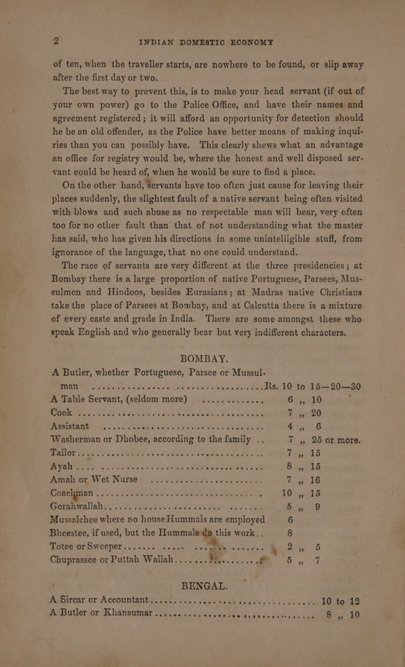 of ten, when the traveller starts, are nowhere to be found, or slip away after the first day or two. ; The best way to prevent this, is to make your head servant (if out of your own power) go to the Police Office, and have their names and agreement registered ; it will afford an opportunity for detection should he be an old offender, as the Police have better means of making inqui- ries than you can possibly have. This clearly shews what an advantage an office for registry would be, where the honest and well disposed ser- vant could be heard of, when he would be sure to find a place. On the other hand, Servants have too often just cause for leaving their places suddenly, the slightest fault of a native servant being often visited with blows and such abuse as no respectable man will bear, very often too for no other fault than that of not understanding what the master has said, who has given his directions in some unintelligible stuff, from ignorance of the language, that no one could understand. The race of servants are very different at the three presidencies; at Bombay there is a large proportion of native Portuguese, Parsees, Mus- sulmen and Hindoos, besides Eurasians; at Madras native Christians take the place of Parsees at Bombay, and at Calcutta there is a mixture of every caste and grade in India. There are some amongst these who speak English and who generally bear but very indifferent characters. BOMBAY. A Butler, whether Portuguese, Parsee or Mussul- co Ghthy ALESSI SS RPP ee SEEGER SNL nt mC ah Rs. 10 to 15—20—30 A Table Servant, (seldom more) .............. 6 ,, 10 ‘ RICE eta toed wands 2. note sb sere. has ae a: 4°20 ASSEN. SUMS Apgpaueg Ped SOLA ete oy re iey on 4, 6 Washerman or Dhobee, according to the family .. 7 4, 25 or more. BREST WG is Ls ene 38 wd WOU piel ne eee Tike PNT SPs 5 SSSI is ez ke AN Oe oe Le 83016 Amish on Wet Nurse4! sac shoe ae ies. HOS cee 44-ftlG Coachman Se Dante ie Bing SRR es Ms Pa 10.5. 486 Bermrmallalics Give tee Jet Sees es Bethe of, le reed Mussalchee where no house Hummals are employed 6 Bheestee, if used, but the ae this work. . 8 Totee or Sweeper....... ee | NI Oe ie % Bes 7G Chuprassee or Puttah Wallah. i Sam as ae BENGAL. Aemironr’or- A coountant Parad... cba b Pica 2 te 10 to 12 A Butler or Khansotiar aren. ae bere cie A shane ee 8 bb. 10