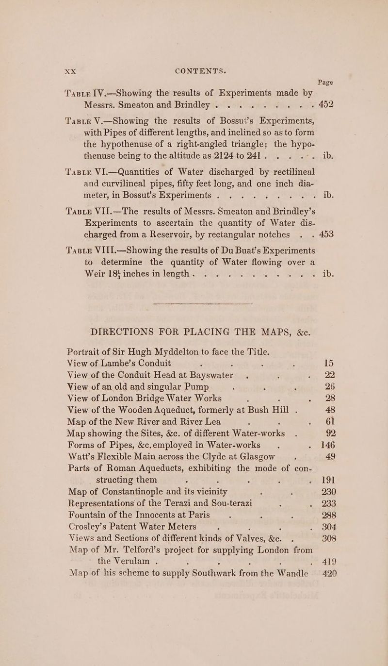 Page Taste 1¥Y.—Showing the results of Experiments made by Messrs. Smeaton and Brindley . i » 452 Taste V.—Showing the results of Bossui’s Experiments, with Pipes of different lengths, and inclined so as to form the hypothenuse of a right-angled triangle; the bee thenuse being to the altitude as 2124 to 241 . ib. TaBLe VI.—Quantities of Water discharged by rectilineal and curvilineal pipes, fifty feet long, and one inch dia- meter, in Bossut’s Experiments . eer ib. TasLe VII.—The results of Messrs. Smeaton and Brindley’s Experiments to ascertain the quantity of Water dis- charged from a Reservoir, by rectangular notches . 453 TaBLE VIII.—Showing the results of Du Buat’s Experiments to determine the quantity of Water flowing over a Weir 18! inches in length . « ib. DIRECTIONS FOR PLACING THE MAPS, &amp;c. Portrait of Sir Hugh Myddelton to face the Title. View of Lambe’s Conduit 15 View of the Conduit Head at regia sims 22 View of an old and singular Pump 26 View of London Bridge Water Works 28 View of the Wooden Aqueduct, formerly at Bush Hill : 48 Map of the New River and River Lea 61 Map showing the Sites, &amp;c. of different Water- os 92 Forms of Pipes, &amp;c.employed in Water-works 146 Watt’s Flexible Main across the Clyde at Glasgow 49 Parts of Roman Aqueducts, exhibiting the mode of con- structing them 19] Map of Constantinople and its em 230 Representations of the Terazi and Sou-terazi 23 Fountain of the Innocents at Paris 288 Crosley’s Patent Water Meters 304 Views and Sections of different kinds of waivee &amp;e. 308 Map of Mr. Telford’s project for supplying London from the Verulam . 419 Map of his scheme to sapily Savtivaye oni the wandle. 420