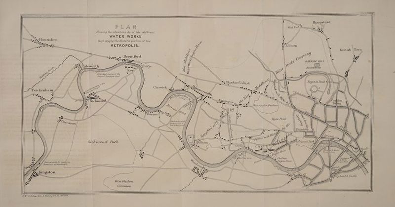 PLAN JShewing the sttuations de of the, different WATER WORKS Hounslow that supply the Western portion of the METROPOLIS. \ \ ; Kentish \ Town. “Fetendad. source of the Grand Junction bm \ \ wi Frenst ia lichmonad Park Source proposed tor supplycng Reservoirs at Werdsworth Wimbledon Comnun @E Vitoley. bth. 3, Welungion St. Strand. }) me iw ih NN W al Maths ’ ? ’ 4 Dp wile ty LSP; TM Tye! Tonhant &amp; Castle