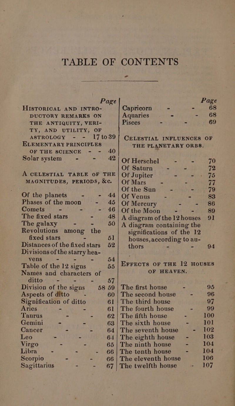 Page HISTORICAL AND INTRO- DUCTORY REMARKS ON THE ANTIQUITY, VERI- TY, AND UTILITY, OF ASTROLOGY - - 17to39 ELEMENTARY PRINCIPLES OF THE SCIENCE - - 40 Solar system - - 42 A CELESTIAL TABLE OF THE MAGNITUDES, PERIODS, &amp;c. Of the planets - - 44 Phases of the moon - 45 Comets - - - 46 The fixed stars - 48 The galaxy - - 50 Revolutions among the fixed stars = 51 Distances of the fixed stars 52 Divisions of the rhea hea- vens ~ - 54 Table of the 12 signs 55 Names and characters of ditto - - - 57 Division of the signs 58 59 Aspects of ditto - 60 Signification of ditto 61 Aries ~ - 61 Taurus - - 62 Gemini - - 63 Cancer - - 64 Leo - ~ 64 Virgo - = 65 Libra = - core Scorpio - - 66 Sagittarius - - Page Capricorn - . 68 Aquaries - - 68 Pisces - ~ 69 CELESTIAL INFLUENCES OF THE PLANETARY ORBS. Of Herschel - - 70 Of Saturn - - 72 Of Jupiter - - 75 Of Mars - - 77 Of the Sun - ~ 79 Of Venus - - 83 Of Mercury - - 86 Of the Moon - 89 A diagram of the 12 beiies 9] A diagram containing the significations of the 12 houses, according to au- thors ~ - 94 EFFECTS OF THE 12 HOUSES OF HEAVEN. The first house - 95 The second house - 96 The third house 97 The fourth house - 99 The fifth house - 100 The sixth house - 101 The seventh house a= 102 The eighth house’ - 103 The ninth house - 104 The tenth house - 104 The eleventh house 106 The twelfth house 107