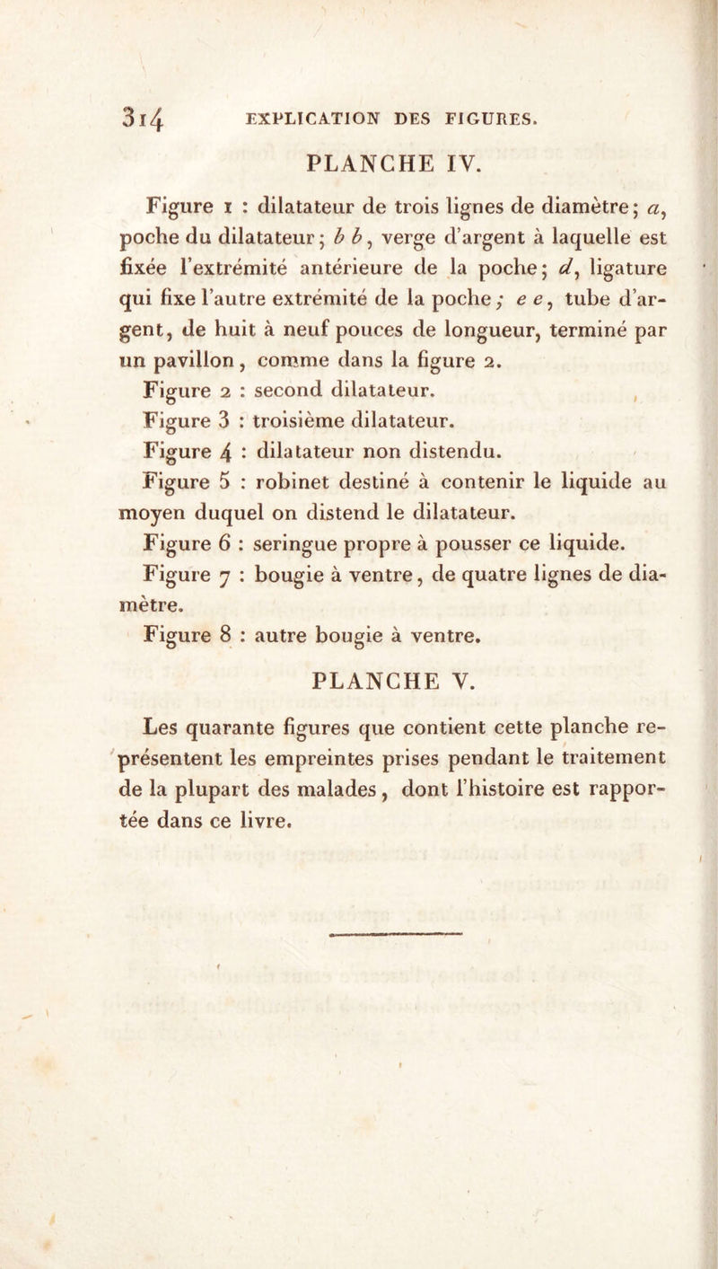 PLANCHE IV. Figure i : dilatateur de trois lignes de diamètre ; <2, poche du dilatateur; b b, verge d’argent à laquelle est fixée l’extrémité antérieure de la poche; d, ligature qui fixe l’autre extrémité de la poche; e e, tube d’ar- gent, de huit à neuf pouces de longueur, terminé par un pavillon, comme dans la figure 2. Figure 2 : second dilatateur. Figure 3 : troisième dilatateur. Figure 4 ‘ dilatateur non distendu. Figure 5 : robinet destiné à contenir le liquide au moyen duquel on distend le dilatateur. Figure 6 : seringue propre à pousser ce liquide. Figure 7 : bougie à ventre, de quatre lignes de dia- mètre. Figure 8 : autre bougie à ventre. PLANCHE Y. Les quarante figures que contient cette planche re- présentent les empreintes prises pendant le traitement de la plupart des malades , dont l’histoire est rappor- tée dans ce livre. 1
