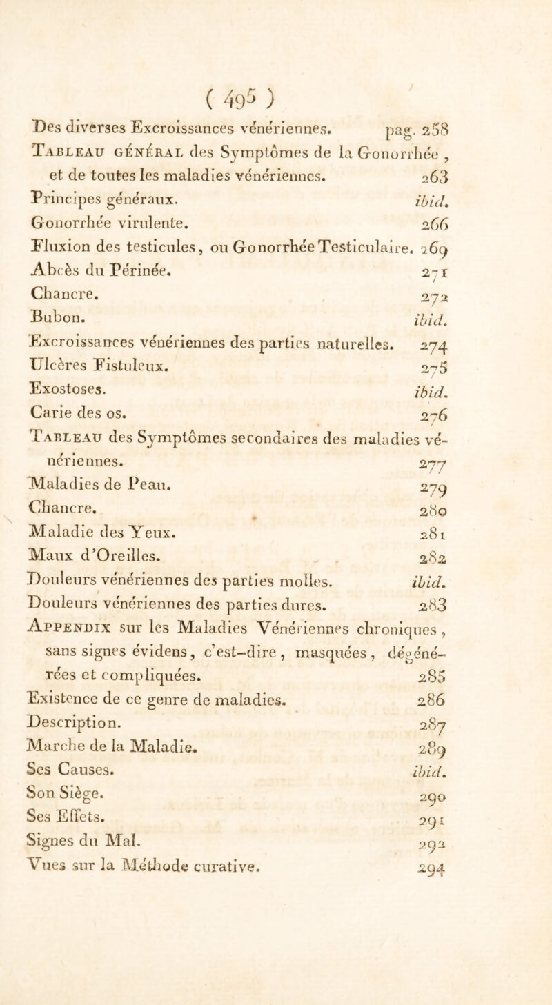 ( 4l)5 ) Des diverses Excroissances vénériennes. pag. 258 Tableau général des Symptômes de la Gonorrhée , et de toutes les maladies vénériennes. o63 Principes généraux. ibid. Gonorrhée virulente. 266 Eluxion des testicules, ou Gonorrhée Testiculaire. 269 Abcès du Périnée. Chancre. Bubon. Excroissances vénériennes des parties naturelles. Ulcères Eistuleux. Exostoses. Carie des os. 271 272 ibid. 274 275 ibid. 276 Tableau des Symptômes secondaires des maladies vé- 277 279 280 281 282 ibid. 288 nenennes. Maladies de Peau. Chancre. Maladie des Yeux. Maux d’Oreilles. Douleurs vénériennes des parties molles. Douleurs vénériennes des parties dures. Appendix sur les Maladies Vénériennes chroniques, sans signes évidens, c’est-dire , mascpices , dégéné- rées et compliquées. 280 Existence de ce genre de maladies. 286 Description. 287 Marche de la Maladie. 289 Ses Causes. ibid. Son Siège. 290 Ses Effets. 291 Signes du Mal. 292 Vues sur la Méthode curative. 294