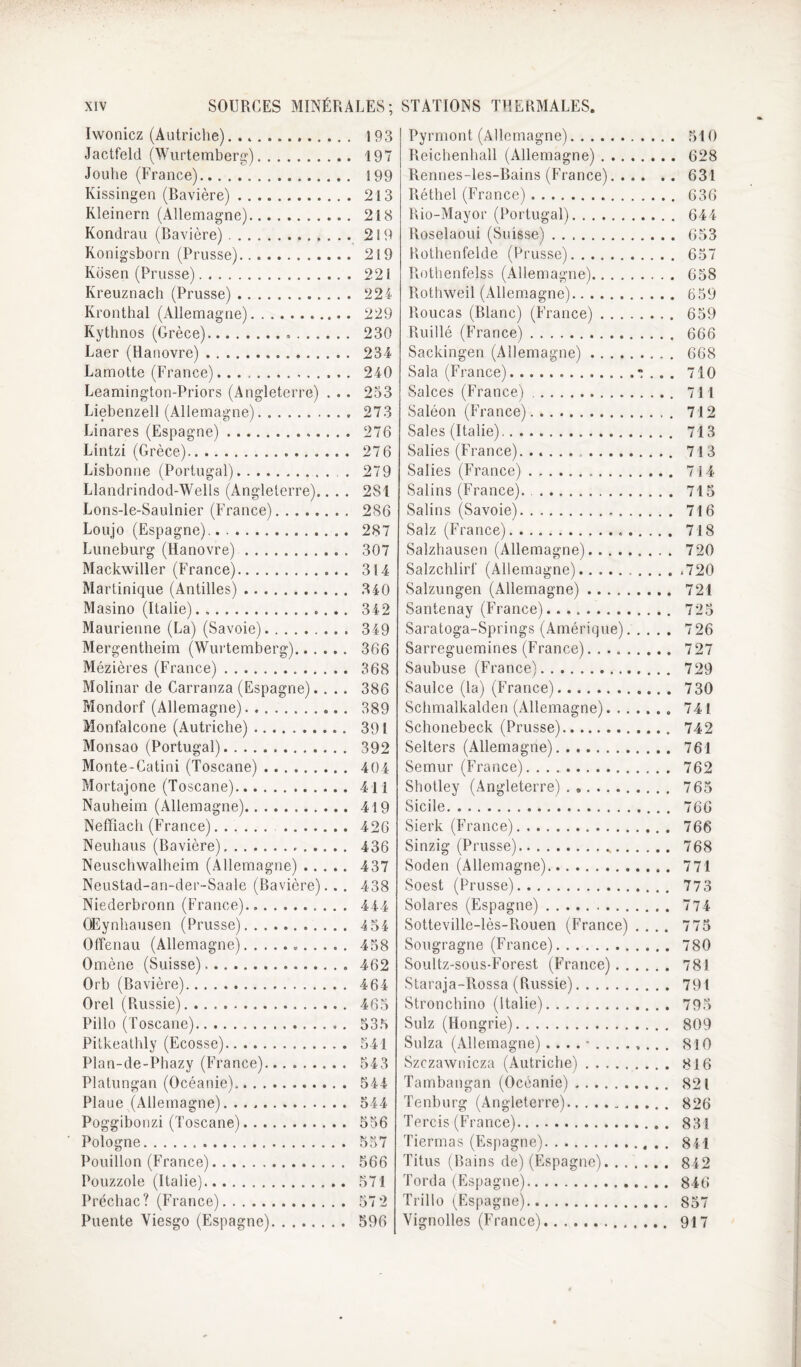 Iwonicz (Autriche). ... Jactfeld (Wurtemberg). Jouhe (France). Kissingen (Ravière). Kleinern (Allemagne). Kondrau (Ravière). Konigsborn (Prusse). Kdsen (Prusse). Kreuznach (Prusse) . Kronthal (Allemagne). Kythnos (Grèce). Laer (Hanovre). Lamolte (France).. . Leamington-Priors (Angleterre) . . Liebenzell (Allemagne). Linares (Espagne).. Lintzi (Grèce). Lisbonne (Portugal).. Llandrindod-Wells (Angleterre).. . Lons-le-Saulnier (France). Loujo (Espagne),. .. Luneburg (Hanovre).. Mackwiller (France). Martinique (Antilles). Masino (Italie)... .. Maurienne (La) (Savoie).. Mergentheim (Wurtemberg). Mézières (France). Molinar de Carranza (Espagne). . . . Mondorf (Allemagne). Monfalcone (Autriche). Monsao (Portugal). Monte-Catini (Toscane). Mortajone (Toscane). Nauheim (Allemagne). Neffiach (France). . Neuhaus (Ravière). Neuschwalheim (Allemagne). Neustad-an-der-Saale (Bavière). . . Niederbfonn (France). OEynhausen (Prusse). Offenau (Allemagne)... Omène (Suisse).. Orb (Bavière). Orel (Russie). Pillo (Toscane). Pitkeathly (Ecosse). Plan-de-Phazy (France). Platungan (Océanie). Plaue (Allemagne). , Poggibonzi (Toscane) Pologne. l^uillon (France). Pouzzole (Italie). Préchac? (France). Puente Viesgo (Espagne) 193 197 199 213 218 219 219 221 22 i 229 230 234 240 233 273 276 276 279 2S1 286 287 307 314 340 342 349 366 368 386 389 391 392 404 411 419 426 436 437 438 444 454 458 462 464 465 335 541 543 544 544 556 557 566 571 57 2 596 Pyrmont (Allemagne). Reichenhall (Allemagne). Rennes-les-Bains (France). . . . Réthel (France). Rio-Mayor (Portugal). Roselaoui (Suisse). Rothenfelde (Prusse). Rothentèlss (Allemagne). Rothweil (Allemagne). Roucas (Blanc) (France). Ruillé (France). Sackingen (Allemagne). Sala (France).• Salces (France) .. Saléon (France). Sales (Italie). Salies (France)... Salies (France) . .. Salins (France). .. Salins (Savoie). Salz (France). Salzhausen (Allemagne). Salzchlirt (Allemagne). Salzungen (Allemagne). Santenay (France). Saratoga-Springs (Amérique). . Sarreguemines (France). . . . . . Saubuse (France). Saulce (la) (France). Sclimalkalden (Allemagne). . . . Schonebeck (Prusse). Selters (Allemagne). Semur (France). Shotley (Angleterre) . .. Sicile. Sierk (France). Sinzig (Prusse).... Soden (Allemagne). Soest (Prusse). Solares (Espagne). Sotteville-lès-Rouen (France) . Sougragne (France). Soultz-sous-Forest (France) . . . Staraja-Rossa (Russie). Stronchino (Italie). Sulz (Hongrie). Suiza (Allemagne) . . . . •. Szczawuicza (Autriche). Tambangan (Océanie). Tenburg (Angleterre). Tercis (France). Tiermas (Espagne). Titus (Bains de) (Espagne). ... Torda (Espagne). Trillo (Espagne).. Vignolles (France).. 510 628 631 636 644 653 657 658 659 659 666 668 710 711 712 713 713 714 715 716 718 720 .720 721 725 726 727 729 730 741 742 761 762 765 766 766 768 771 773 774 775 780 781 791 795 809 810 816 821 826 831 841 842 846 837 917