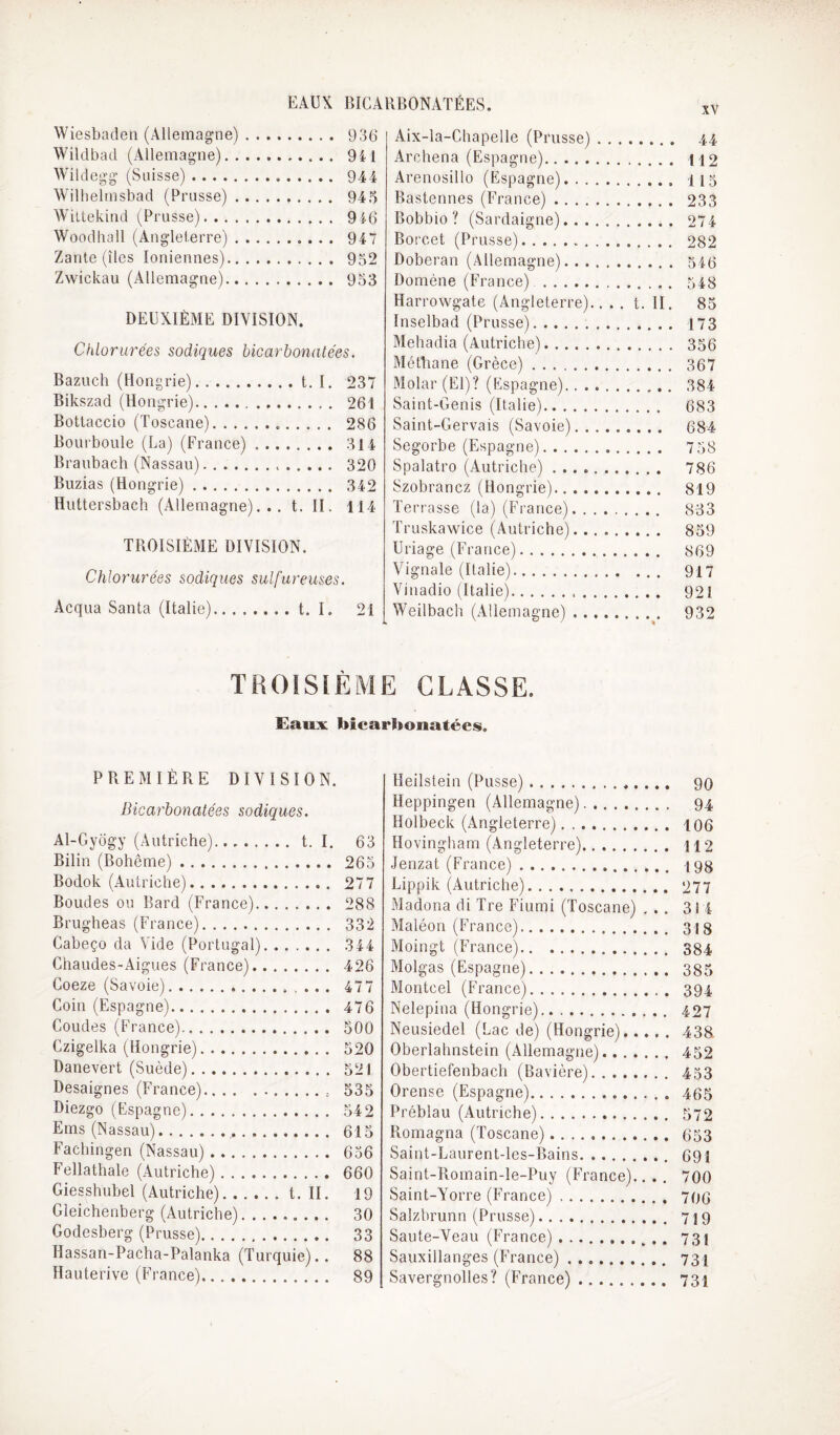 EAUX BICARBONATEES. Wiesbaden (Allemagne). 936 Wildbad (Allemagne). 9il Wildegg (Suisse). 944 Willielmsbad (Prusse). 945 WiUekind (^Prusse)... 946 Woodhall (Angleterre). 947 Zante (îles Ioniennes). 952 Zwickau (Allemagne). 953 DEUXIÈME DIVISION. Chlorurées sadiques bicarbonatées. Bazuch (Hongrie).t. I. 237 Bikszad (Hongrie).. 261 Bottaccio (Toscane). 286 Bourboule (La) (France). 314 Braubach (Nassau). 320 Buzias (Hongrie). 342 Hultersbach (Allemagne)... t. II. 114 TROISIÈME DIVISION. Chlorurées sadiques sulfureuses. Acqua Santa (Italie).t. I. 21 Aix-la-Chapelle (Prusse) . Archena (Espagne). Arenosillo (Espagne). . . , Bastennes (France). Bobbio ? (Sardaigne).... Borcet (Prusse). Doberan (.411emagne). . . . Domène (France) . Harrowgate (Angleterre).. . . t. II. 85 Inselbad (Prusse). Mehadia (Autriche). Méthane (Grèce). Molar (El)? (Kspagne).. . . Saint-Genis (Italie). Saint-Gervais (Savoie). . . . 684 Segorbe (Espagne). Spalatro (Autriche). Szobrancz (Hongrie). Terrasse (la) (France). . . , Truskavvice (Autriche). .. , Uriage (France). Vignale (Italie). Vinadio (Italie).. . . . Weilbach (Allemagne) . . ., « TROISIÈME CLASSE. Eaux bicarlionatées. PREMIÈRE DIVISION. Bicarbonatées sadiques. AI-Gyogy (Autriche)....t. I. 63 Bilin (Bohême). 263 Bodok (Autriche). 277 Boudes ou Bard (France). 288 Brugheas (France). 332 Cabeço da Vide (Portugal). 344 Chaudes-Aigues (France). 426 Coeze (Savoie). 477 Coin (Espagne). 476 Coudes (France). 500 Czigelka (Hongrie). .. 520 Danevert (Suède). 521 Desaignes (France). 535 Diezgo (Espagne). 542 Ems (Nassau). 615 Fachingen (Nassau). 636 Fellathale (Autriche). 660 Giesshuhel (Autriche).t. II. 19 Gleichenberg (Autriche). 30 Godesberg (Prusse)... 33 Hassan-Pacha-Palanka (Turquie).. 88 Hauterive (France). 89 Heilstein (Pusse). 90 Heppingen (Allemagne). 94 Holbeck (Angleterre). 106 Hovingham (Angleterre). 112 Jenzat (France). 193 Lippik (Autriche). 277 Madona di Tre Fiumi (Toscane) ... 3! i Maléon (France). 313 Moingt (France). 334 Molgas (Espagne). 335 Montcel (France). 394 Nelepina (Hongrie). 427 Neusiedel (Lac de) (Hongrie).438 Oberlahnstein (Allemagne). 452 Obertiefenbach (Bavière). 433 Orense (Espagne)... 465 Préblau (Autriche). 572 Romagna (Toscane). 653 Saint-Laurent-les-Bains. 691 Saint-Romain-le-Puy (France).. . , 700 Saint-Yorre (France). 793 Salzbrunn (Prusse). 719 Saute-Veau (France) ..^ . 731 Sauxillanges (France). 731 Savergnolles? (France). 731