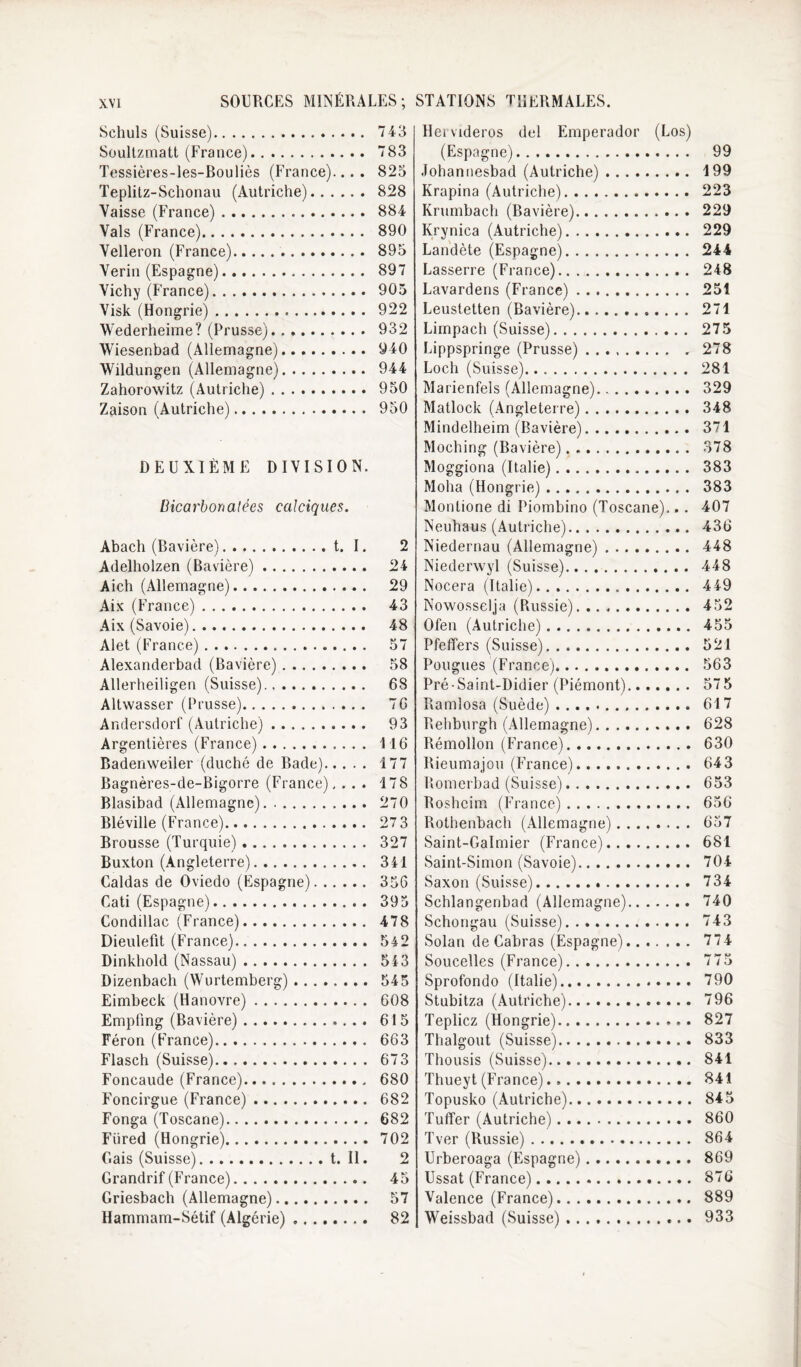 Schuls (Suisse). Süullzmatt (France). Tessières-les-Bouliès (France).. . . Teplilz-Schonau (Autriche). Vaisse (France). Vais (France). Velleron (France). Vérin (Espagne). Vichy (France). Visk (Hongrie). Wederheime? (Prusse). Wiesenbad (Allemagne). Wildungen (Allemagne). Zahorowitz (Autriche). Zaison (Autriche). DEUXIÈME DIVISION. Bicarbonalées calciques. Abach (Bavière).t. I. Adelholzen (Bavière). 24 Aich (Allemagne). 29 Aix (France). 43 Aix (Savoie). 48 Alet (France). 57 Alexanderbad (Bavière). 58 Allerheiligen (Suisse). 68 Altwasser (Prusse). 76 Andersdorf (Autriche). 93 Argentières (France). 116 Badenweiler (duché de Bade). 177 Bagnères-de-Bigorre (France). . . . 178 Blasibad (Allemagne). 270 Bléville (France). 27 3 Brousse (Turquie). 327 Buxton (Angleterre). 341 Caldas de Oviedo (Espagne). 356 Cati (Espagne). 395 Condillac (France). 478 Dieulefit (France). 542 Dinkhold (Nassau). 543 Dizenbach (Wurtemberg). 545 Eimbeek (Hanovre). 608 Empfing (Bavière). 615 Féron (France). 663 Flasch (Suisse). 673 Foncaude (France). 680 F'oncirgue (France). 682 Fonga (Toscane). 682 Füred (Hongrie). 702 Gais (Suisse).t. Il. 2 Grandrif (France). 45 Griesbaclî (Allemagne). 57 Hammam-Sétif (Algérie). 82 Heivideros del Emperador (Los) (Espagne). 99 Johannesbad (Autriche). 199 Krapina (Autriche). 223 Krumbach (Bavière). 229 Krynica (Autriche). 229 Landète (Espagne). 244 Lasserre (France). 248 Lavardens (France). 251 Leustetten (Bavière). 271 Limpach (Suisse). 275 Lippspringe (Prusse).278 Loch (Suisse). 281 Marienfels (Allemagne). 329 Matlock (Angleterre). 348 Mindelheim (Bavière). 371 Moching (Bavière). 378 Moggiona (Italie). 383 Moha (Hongrie). 383 Montione di Piombino (Toscane).. . 407 Neuhaus (Autriche). 436 Niedernau (Allemagne). 448 Niederwyl (Suisse). 448 Nocera (Italie). 449 Nowosselja (Russie). 452 Ofen (Autriche). 455 Pfeffers (Suisse). 521 Pougues (France). 563 Pré-Saint-Didier (Piémont). 575 Bamlosa (Suède).. 617 Rehburgh (Allemagne). 628 Rémollon (France). 630 Rieumajou (France). 64 3 Romerbad (Suisse). 653 Roshcim (France). 656 Rothenbach (Allemagne). 657 Saint-Galmier (France). 681 Saint-Simon (Savoie). 704 Saxon (Suisse). 734 Schlangenbad (Allemagne). 740 Schongau (Suisse). 743 Solan de Cabras (Espagne). 774 Soucelles (France). 775 Sprofondo (Italie). 790 Stubitza (Autriche). 796 Teplicz (Hongrie). 827 Thalgout (Suisse). 833 Thousis (Suisse). 841 Thueyt (France). 841 Topusko (Autriche). 845 Tuffer (Autriche). 860 Tver (Russie). 864 Urberoaga (Espagne). 869 Ussat (France). 876 Valence (France). 889 Weissbad (Suisse). 933 SOURCES MINÉRALES; STATIONS THERMALES. 743 783 825 828 884 890 895 897 905 922 932 940 944 950 950