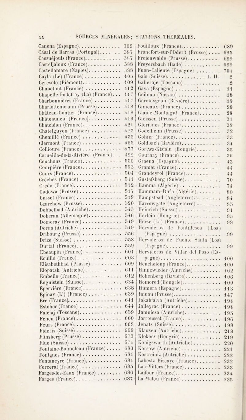 Canena (Espagne)... 369 Casai de Barras (Portugal).387 Cassuéjouls (France). 3S7 Casteljaloux (Fiance). 388 Castellamare (Naples). 388 Cayla (Le) (France). 403 Ceresole (Piémont). 409 Chabetout (France) .. 412 Chapelle-Godefroy (La) (France), .. 417 Charbonnières (France). 4l7 Charlottenbrunn (Prusse). 418 Château-Gontier (France). 418 Châteauneuf (France). 419 Chateldon (France). 421 Chatelguyon (France). 4 23 Cheminé (France). 433 Clermont (France). 465 Collioure (France). 477 Corneilla-de-la-Rivière (France)... 499 Couchons (France). 300 Courpière (France)...503 Cours (France). 304 Crèches (France). 511 Credo (France)... 512 Cudowa (Prusse). 317 Cusset (France). 519 Czarchow (Prusse). 520 Dobbelbad (Autriche). 545 Doberan (Allemagne). 54 6 Domeray (France). 5 49 Dorna (Autriche). 3i9 Dribourg (Prusse)... 556 Drize (Suisse). 558 Durtal (France)... 559 Ebeaupin (France). 601 Ecuillé (France). 603 Elisabethbad (Prusse). 609 Elopatak (Autriche). 611 Embelle (France). 612 Enguistein (Suisse). 634 Épervière (France). 638 Epinay (L’) (France). 639 Err (France). 641 Estoher (France). 644 Falciaj (Toscane). 659 Feneu (France). 660 Feurs (France). 668 Fideris (Suisse). 669 Flinsberg (Prusse). 673 Flue (Suisse). 674 Fontaine-Bonneleau (France). 683 Font^nes (France). 684 Fontaneyre (France). 684 Forcerai (France). 685 Forges-les-Eaux (France). 686 Forges (France). 687 Fouilloux (France). 689 Francfort-sur-l’Oder? (Prusse).... 695 Freienwalde (Prusse). 699 Freyersbaclî (Rade). 699 Fuen-Caliente (Espagne). 701 Gais (Suisse).t. II, 2 Galleraje (J'oscane). 2 Gava (Espagne).!. 11 Geilnau (Nassau). 18 Geroldsgrun (Bavière). 19 Gimeaux (France). 20 Glaine-Montaigut (France). 28 Gieissen (Prusse). .. 31 Gloi'iaries (France). 32 Godelheim (Prusse) .. 32 Gühier (France). 33 Goldbach (Bavière). 34 Gortwa-Kisfalu (Hongrie). 35 Gournay (Fi'ance). 36 Graena (Espagne). 43 G ram a t (France)-. 4.4 Grandeyrol (France). 44 Gustafsherg (Suède). 70 Hamma (Algérie). 74 Hammam-Rir’a (Algérie). 80 Hainpstead (Angleterre). 84 Harrowgate (Angleterre). 85 Heinrich (Suisse). 91 Herlein (Hongrie).. or; He rse (La) (France). 98 Hervideros de Fonlillesca (Los) (Espagne)... 99 Hervideros de Fuente Santa (Los) (Espagne). 99 Hervideros de Villar del Pose (Es¬ pagne).,-100 Heucheloup (France). lOO Hinnewieder (Autriche). 102 Hohenberg (Bavière). 106 Homorod (Hongrie). 109 Humera (Espagne). 113 Imnau (Prusse). 147 Jakabfalva (Autriche). 194 Jalleyrac (France). 194 Jamnicza (Autriche). 195 Jarrousset (France). 190 Jenatz (Suisse),. 198 Klausen (Autriche). 218 Klokocs (Hongrie).. 219 Konigswarth (Autriche). 220 Korsow (Autriche). 221 Kostreiniz (Autriche). 222 Labestz-Biscaye (France).. . 232 Lac-Yillers (France). 233 Laifour (France). 234 La Matou (France). 235