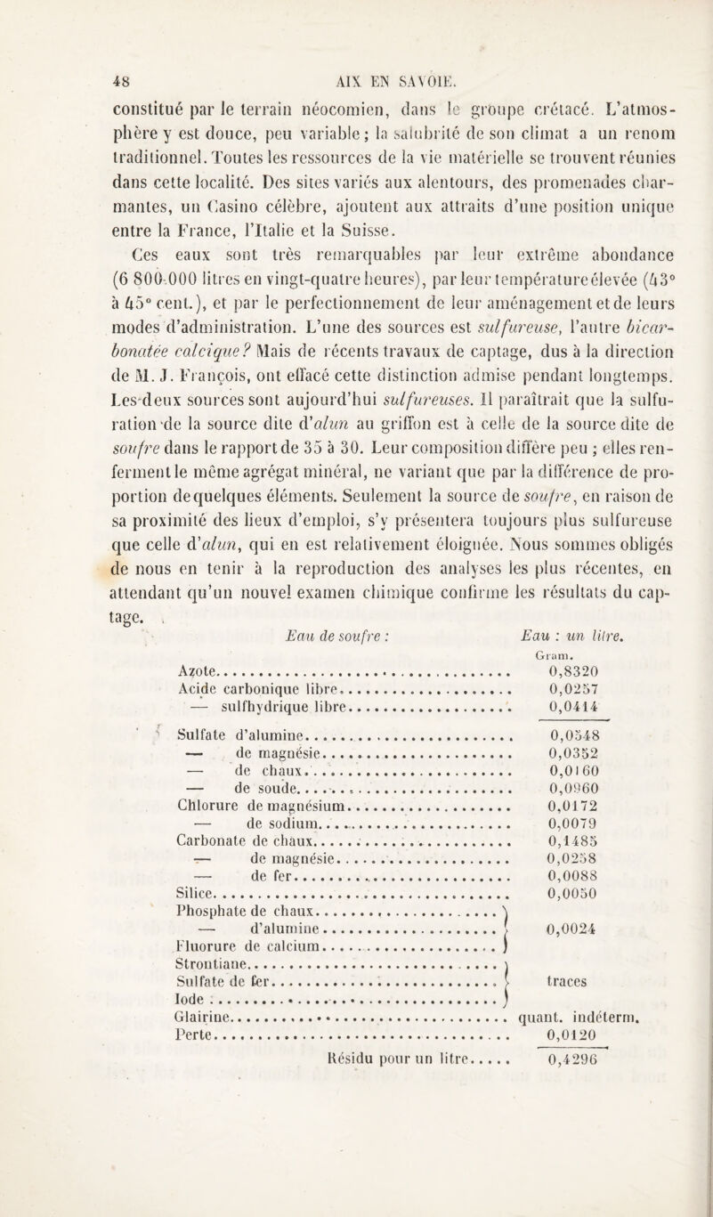 constitué par le terrain néocomien, dans !e groupe crétacé. L’atmos¬ phère y est douce, peu variable; la salulnité de son climat a un renom traditionnel. Toutes les ressources de la vie matérielle se trouvent réunies dans cette localité. Des sites variés aux alentours, des promenades char¬ mantes, un Casino célèbre, ajoutent aux attraits d’une position unique entre la France, l’Italie et la Suisse. Ces eaux sont très remarquables par leur extrême abondance (6 800-.000 litres en vingt-quatre heures), par leur températureélevée (A3° à 45“ cent.), et par le perfectionnement de leur aménagement et de leurs modes d’administration. L’une des sources est sulfureuse, l’autre hicar- bonatée caleique? Mais de récents travaux de captage, dus à la direction de M. J. Fi ançois, ont elfacé cette distinction admise pendant longtemps. Les'deux sources sont aujourd’hui sulfureuses. Il paraîtrait que la sulfu¬ ration-de la source dite à'alun au grilïou est à celle de la source dite de soufre dans le rapport de 35 à 30. Leur composition difiere peu ; elles ren¬ ferment le même agrégat minéral, ne variant que par la dilîérence de pro¬ portion de quelques éléments. Seulement la source de suw/re, en raison de sa proximité des lieux d’emploi, s’y présentera toujours plus sulfureuse que celle à'alun, qui en est relativement éloignée. Nous sommes obligés de nous en tenir à la reproduction des analyses les plus récentes, en attendant qu’un nouvel examen chimique confirme les résultats du cap¬ tage. . Eau de soufre : Eau : un lilre. Gram. Azote. 0,8320 Acide carbonique libre. 0,0257 — sulfhydrique libre. 0,0414 ' Sulfate d’alumine.. 0,0348 — de magnésie. 0,0352 — de cbaux. ... 0,0l60 — de soude. . 0,0960 Chlorure de magnésium. 0,0172 — de sodium. 0,0079 Carbonate de chaux... 0,1485 r— de magnésie.. 0,0258 — de fer. 0,0088 Silice. 0,0050 Phosphate de chaux. \ — d’alumine.( 0,0024 Fluorure de calcium..) Strontiane.j Sulfate de fer. V traces Iode .. ) Glairine. quant, indéterm. Perte. 0,0120 Résidu pour un litre. 0,4296