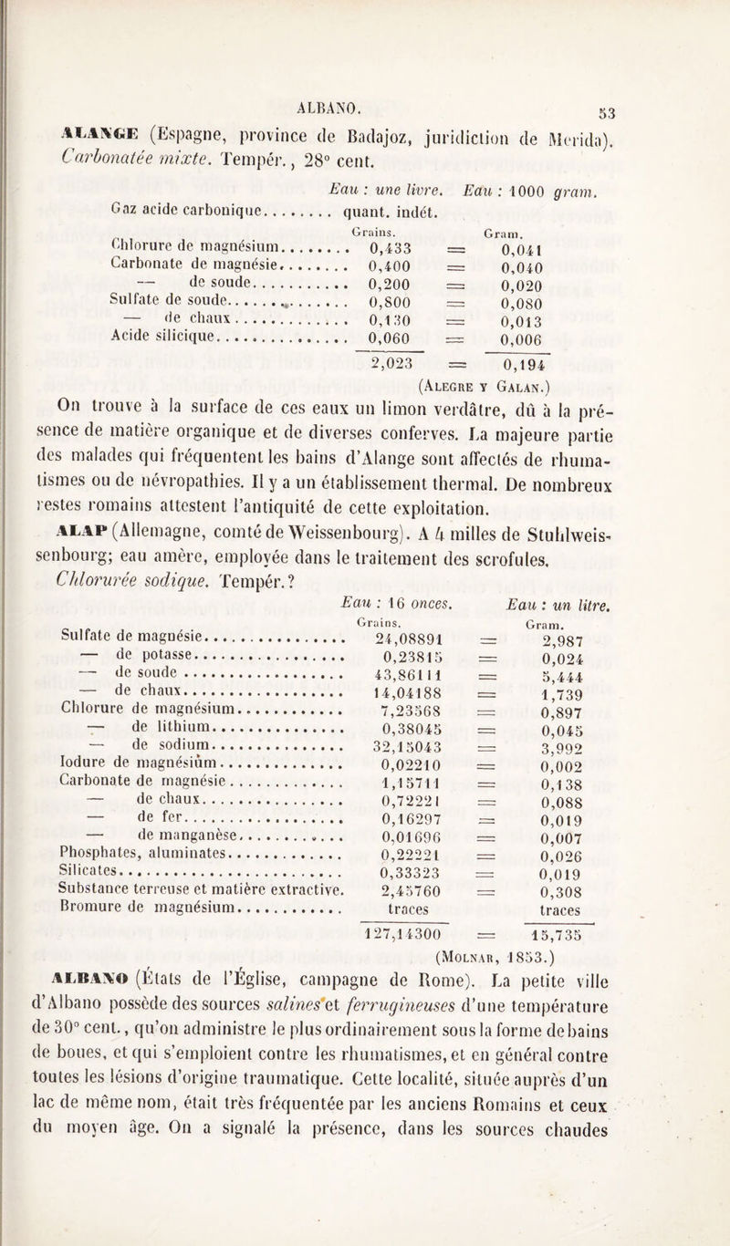 Aï.AîV’GE (Espagne, province de Badajoz, juridiciion de Merida). Carhonatée mixte. Tempéi’., 28° cent. Eau : une livre. Gaz acide carbonique. quant, indét. Grains. Chlorure de magnésium. 0,433 = Carbonate de magnésie. 0,400 = — de soude. 0,200 =: Sulfate de soude... 0,800 =: — de chaux. 0,130 = Acide silicique. 0,060 = ^023 = Eau : 1000 gram. Gram. = 0,041 = 0,040 = 0,020 = 0,080 = 0,013 = 0,006 0,194 (ÂLEGRE y GalAN.) On trouve à la suiface de ces eaux un limon verdâtre, dû à la pré¬ sence de matière organique et de diverses conferves. La majeure partie des malades qui fréquentent les bains d’Alange sont affeclés de rhuma¬ tismes ou de névropathies. Il y a un établissement thermal. De nombreux restes romains attestent l’antiquité de cette exploitation. ALAP (Allemagne, comté de Weissenbourg). A A milles de Stuhlweis^ senbourg; eau amère, employée dans le traitement des scrofules. Chlorurée sodique. Tempér.? Eau : 16 onces. Eau : un litre. Grains. Sulfate de magnésie. 24,08891 — de potasse. 0,23815 — de soude. 43,86111 — de chaux. 14,04188 Chlorure de magnésium. 7,23368 — de lithium. 0,38045 — de sodium. 32,13043 lodure de magnésium. 0,02210 Carbonate de magnésie. 1,15711 — de chaux. 0,72221 — de fer. 0,16297 — de manganèse. 0,01696 Phosphates, aluminates. 0,22221 Silicates. 0,33323 Substance terreuse et matière extractive. 2,43760 Bromure de magnésium. traces Gram. 2,987 0,024 3,444 1,739 0,897 0,045 3,992 0,002 0,138 0,088 0,019 0,007 0,026 0,019 0,308 traces 127,14300 r= 15,735 (Molnar, 1853.) ALBAAO (États de l’Église, campagne de Rome). La petite ville d’Albano possède des sources salines^et ferrugineuses d’une température de 30° cent., qu’on administre le plus ordinairement sous la forme de bains de boues, et qui s’emploient contre les rhumatismes, et en général contre toutes les lésions d’origine traumatique. Cette localité, située auprès d’un lac de même nom, était très fréquentée par les anciens Romains et ceux du moyen âge. On a signalé la présence, dans les sources chaudes