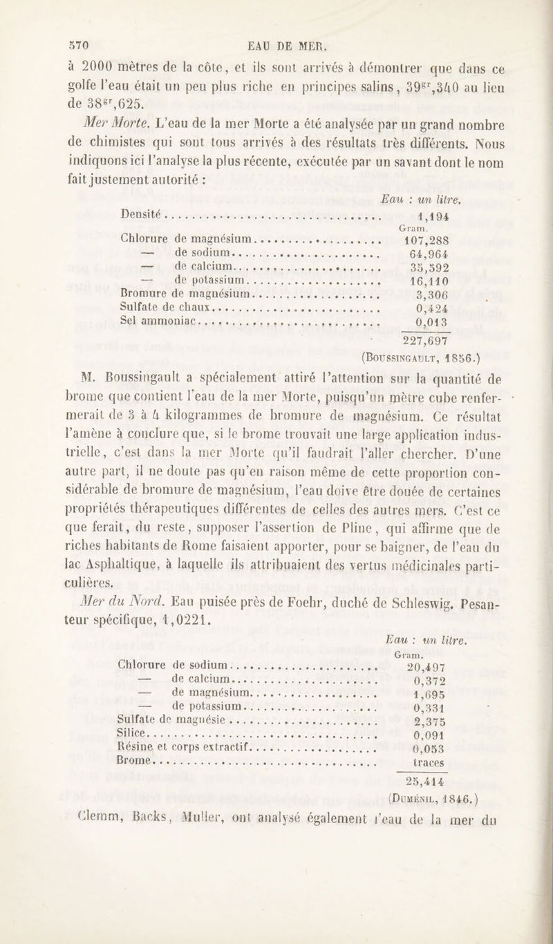 à 2000 mètres de la côte, et ils sont arrivés à dérnonlrei’ que dans ce golfe l’eau était un peu plus riche en principes salins, 39®%3ô0 au lieu de 38s^625. J/er Morte. L’eau de la mer Morte a été analysée par un grand nombre de chimistes qui sont tous arrivés à des résultats très différents. Nous indiquons ici l’analyse la plus récente, exécutée par un savant dont le nom fait justement autorité : Eau : un litre. Densité. 1,194 Gram. Chlorure de magnésium... 107,288 — de sodium. 64,964 —- de calcium. 35,592 — de potassium. 16,110 Bromure de magnésium. 3,306 Sulfate de chaux. 0,424 Sel ammoniac. 0,013 227,69? (Boussingaült, 1856.) M. Boussingault a spécialement attiré l’attention sur la quantité de brome que contient l'eau de la mer Morte, puisqu’un mètre cube renfer¬ merait de 3 à 4 kilogrammes de bromure de magnésium. Ce résultat l’amène à conclure que, si ie brome trouvait une large application indus¬ trielle, c’e.st dans la mer Morte qu’il faudrait l’aller chercher. D’une autre part, il ne doute pas qu’en raison même de cette proportion con¬ sidérable de bromure de magnésium, l’eau doive être douée de certaines propriétés thérapeutiques différentes de celles des autres mers. C’est ce que ferait, du reste, supposer l’assertion de Pline, qui affirme que de riches habitants de Rome faisaient apporter, pour se baigner, de l’eau du lac Asphaltique, à laquelle ils attribuaient des vertus médicinales parti¬ culières. 31er du Nord. Eau puisée près de Foehr, duché de Schleswig. Pesan¬ teur spécifique, 1,0221. Eau : un litre. Gram. Chlorure de sodium. — de calcium. — de magnésium.. — de potassium. Sulfate de maguésie. Silice. Résine et corps extractif... Brome. 25,414 (Duménil, 1846.) Clernm, Backs, Muller, ont analysé également l’eau de la mer du