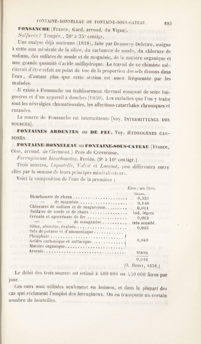 FONTAINE-BONNELEAU OU FONTAINE-SOUS-UATEAU. F«ivsawiie (France, Gard, arrond. du Vigan). Sulfurée ? Tempér., 20° à 25° cenligr. Une analyse déjà ancienne (1818), faite par Deinorey-Deîellre, assigne à cette eau minérale de la silice, du carbonate de soude, du chlorure de sodium, des sullatesde soude et de magnésie, de la matière organique et ! une grande quantité d acide sullhydrique. Le travail de ce chimiste mé¬ riterait d être refait au point de vue de la proportion des sels dissous dans 1 eau, d autant plus que cette station est assez fréquentée par les malades. Il existe à Fonsanche un établissement thermal composé de seize bai¬ gnoires et d un appareil à douches (1850). Les maladies que l’on y traite sont les névi algies rhumatismales, les affections catarrhales chroniques et cutanées. La souice de Fonsanche est internuttente [voy. Intermittence des sources]. FOî^TAII^ES ARDEI^^TES OU DE FEE. Voy. HYDROGÈNES CAR¬ BONÉS. FOI\’TAI\'E-ROI%Jl\EEEAE OU FO?liTAIME-SOES-CATEAE (France, Oise, arrond. de Clermont.) Près de Grèvecœur. ! Berrugineuse bicarbonatée. Froide. (9° à 10° centigr.) Trois sources, Lapostelle, Vallot et Lauenot, peu différentes entre elles par la somme de leurs principes minéraüsaîeurs. Voici la composition de l’eau de la première : Eau : un litre. Bicarbonate de chaux.. q 357 ™ de magnésie. o!l40 Chlorures de sodium et de magnésium. 0,011 Sulfates de soude et de chaux. iQ(j( légers Crénate et apocrénate de fer. 0,063 — — de manganèse. très sensibl. Silice, alumine, évalués.,. 0 005 Sels de potasse et d’ammoniaque.. ... ^ ^ Phosphate.j Acides carbonique et sulfurique.| 0,040 Matière organique.J . traces 0,616 (O. Henry, 1858.) Le débit des trois sources est estimé à 400 000 ou 650 000 litres par jour. Ces eaux sont utilisées seulement en boisson, et dans la plupart des cas qui réclament l’emploi des ferrugineux. On en transporte un certain nombre de bouteilles.