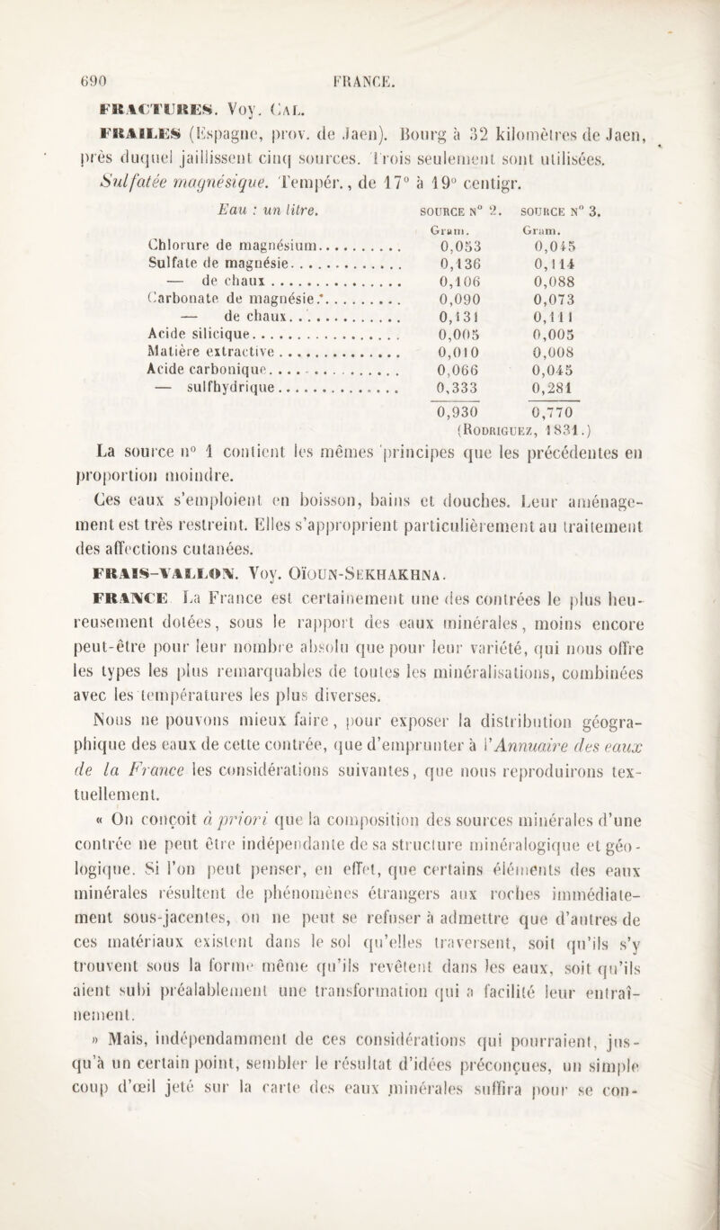 FU.tCTiJiSES. Voy. Cal. FKAfiLES (Cspagiie, prov. de Jaeii). Jîonrg à 32 kiioinèlres de Jaen, !)rès duquel jailiissent ciiHj sources, i rois seuleiueni sont uliiisées. Sulfatée magnésique. Fempér., de 17° à 19° ceiitigr. Eau : un litre. SOURCE n 'L SOURCE N' Gruiii. Gram. Chlorure de magnésium.... 0,053 0,045 Sulfate de magnésie.. 0,136 0,114 — de chaux . 0,106 0,088 (Carbonate de magnésie.*. . . 0,090 0,073 — de chaux. .. 0,13i 0,11 1 Acide silicique. 0,005 0,005 Matière extractive. 0,010 0,008 Acide carbonique... . . 0,066 0,045 — sulfhydrique. 0,333 0,281 0,930 0,770 (Rodriguez, 1831.) La source iC 1 contient les mêmes principes que les précédentes en proportion moindre. Ces eaux s’emploient en laoisson, bains et douches. Leur aménage¬ ment est très restreint. Elles s’approprient particulièrement au traitement des affections cutanées. FRAIS-I AFFOIW Voy. OÏOUN-SeKHAKHNA. FRAT\CE lia France est certainement une des contrées le plus heu¬ reusement dotées, sous le rapport des eaux minérales, moins encore peut-être pour leur nombre absolu que pour leur variété, qui nous offre les types les plus remarquables de toutes les minéralisations, combinées avec les températures les plus diverses. JNous ne pouvons mieux faire, j)our exposer la distribution géogra¬ phique des eaux de cette contrée, que d’emprunter à Y Annuaire des eaux de la France les considérations suivantes, que nous reproduirons tex¬ tuellement. « On conçoit à priori que la composition des sources minérales d’une contrée ne peut être indépendante de sa structure minéi alogique etgéo- logiipie. Si l’on {)eut jienser, en effd, que certains éléments des eaux minérales résultent de phénomènes étrangers aux roches immédiate¬ ment sous-jacentes, on ne peut se refuser à admettre que d’autres de ces matériaux existent dans le soi qu’elles traversent, soit qu’ils s’y trouvent sous la forint* môme ipi’ils revêtent dans les eaux, soit qu’ils aient subi préalablement une transformation qui a facilité leur entraî¬ nement. )) Mais, indépendamment de ces considérations qui pourraient, jus¬ qu’à un certain point, sembler le résultat d’idées préconçues, un simple coup d’œil jeté sur la carti* des eaux .minérales suffira pour se con-