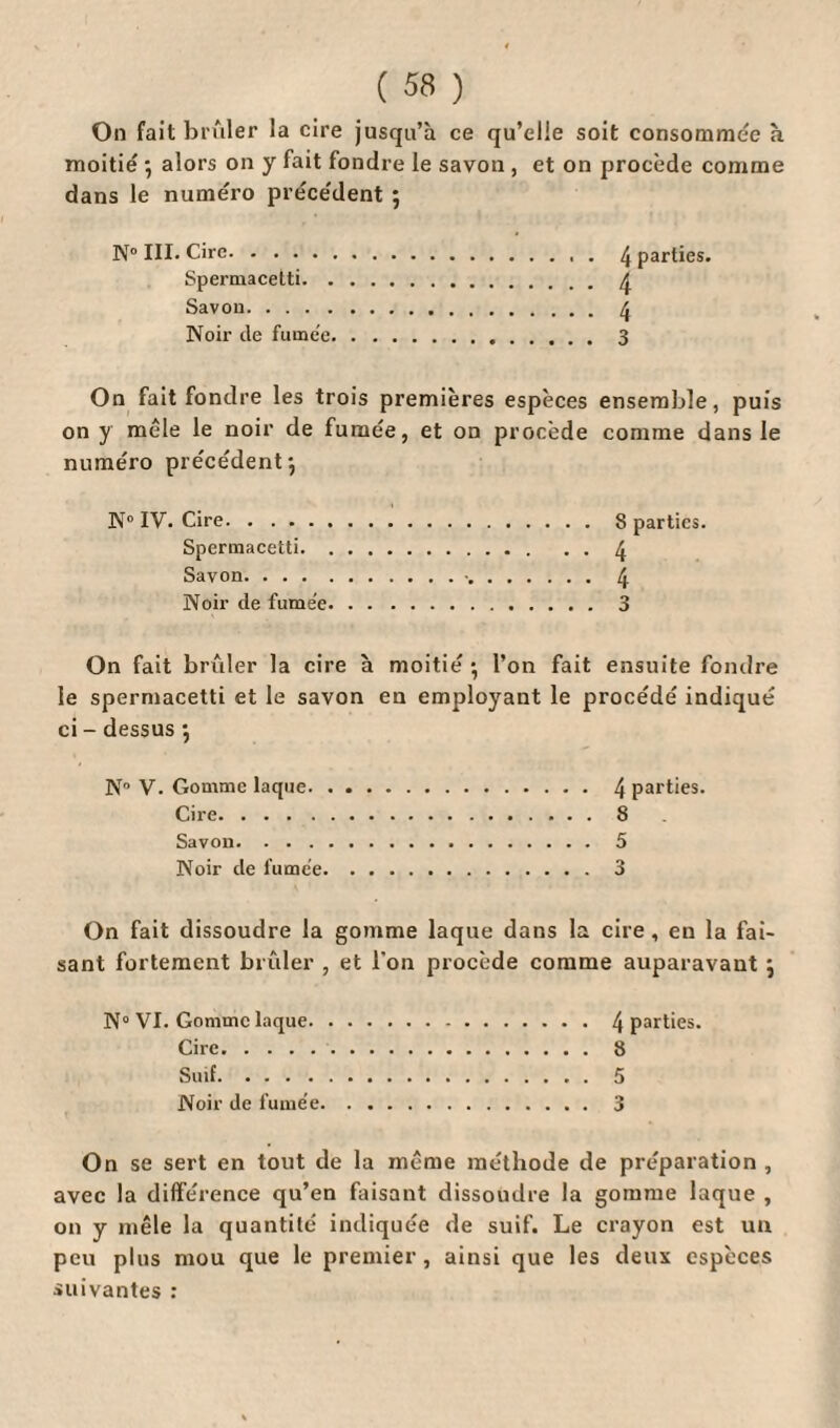 On fait brûler la cire jusqu’à ce qu’elle soit consommée à moitié } alors on y fait fondre le savon , et on procède comme dans le numéro précédent ; N° III. Cire. Spermacetti. . Savon. Noir de fuine'e. On fait fondre les trois premières espèces ensemble, puis on y mêle le noir de fumée, et on procède comme dans le numéro précédent*, N° IV. Cire. 8 parties. Spermacetti.4 Savon.•. 4 Noir de fumée. 3 On fait brûler la cire à moitié ■, l’on fait ensuite fondre le spermacetti et le savon en employant le procédé indiqué ci - dessus \ N° V. Gomme laque. 4 parties. Cire.8 Savon.5 Noir de fumée.3 On fait dissoudre la gomme laque dans la cire , en la fai¬ sant fortement brûler , et l’on procède comme auparavant } N° VI. Gomme laque. 4 parties. Cire. 8 Suif.5 Noir de fumée. 3 On se sert en tout de la même méthode de préparation , avec la différence qu’en faisant dissoudre la gomme laque , on y mêle la quantité indiquée de suif. Le crayon est un peu plus mou que le premier, ainsi que les deux espèces suivantes : 4 parties. 4 4 3