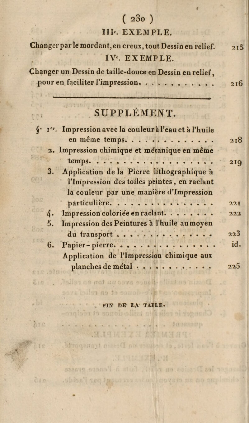 « ( 23o ) IIK EXEMPLE. Changerpar le mordant,en creux, toutDessin en relief. 2i5 IV'. EXEMPLE. Changer un Dessin de taille-douce en Dessin en relief, pour en faciliter l’impression. 216 SUPPLÉMENT. ï‘r. Impression avec la couleur à l’eau et à l’huile en même temps. 218 2. Impression chimique et mécanique en même temps. 219 3. Application de la Pierre lithographique h l’Impression des toiles peintes , en raclant la couleur par une manière d’impression particulière. 221 4. Impression coloriée en raclant. 222 5. Impression des Peintures à l'huile aumoyen du transport . . . .. 223 6. Papier-pierre. id. Application de l’Impression chimique aux planches de métal. 225 A FIN DE LA TABLE.